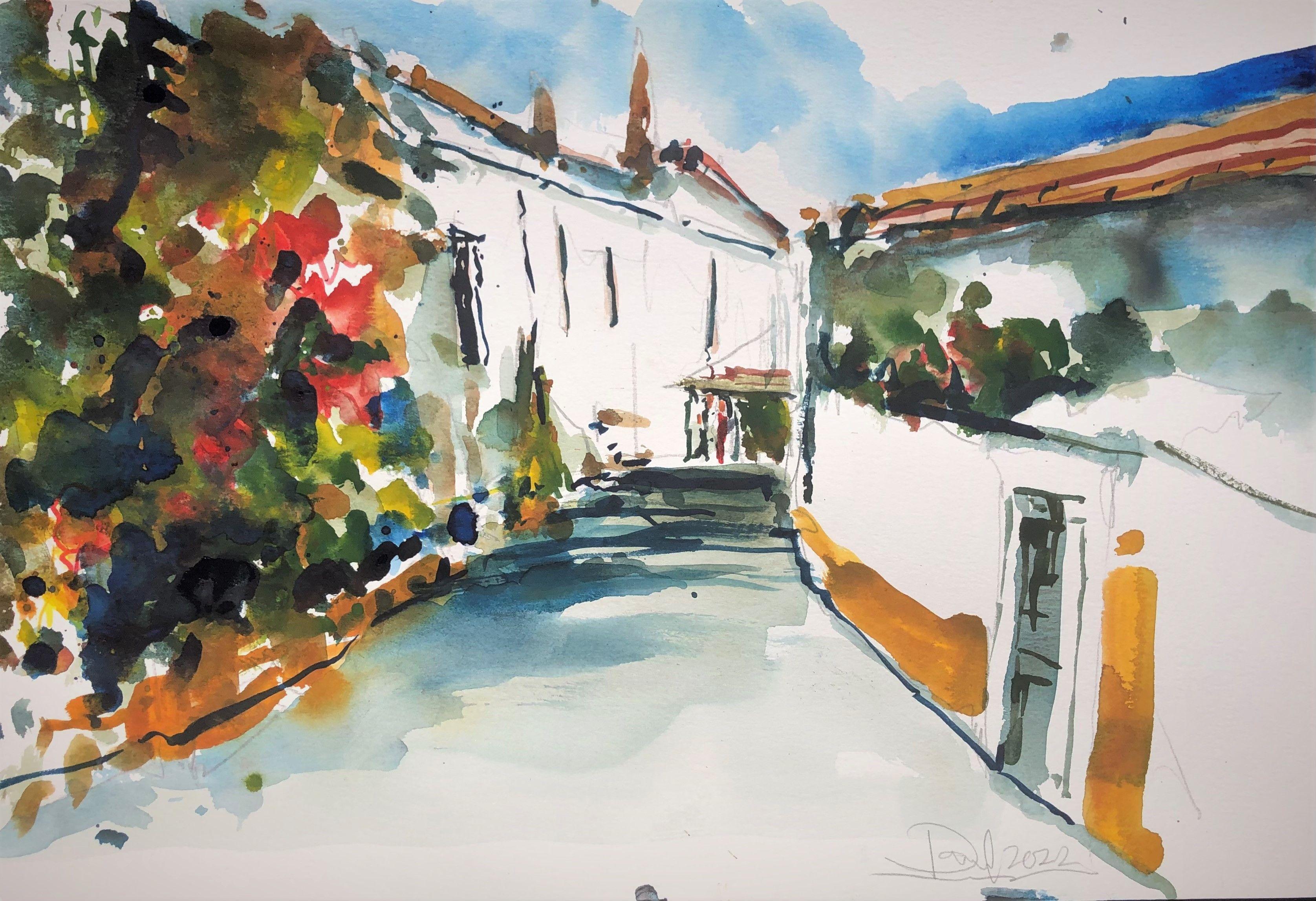 Peinture, aquarelle sur papier aquarelle Back Street Majorca - Art de Daniel Clarke