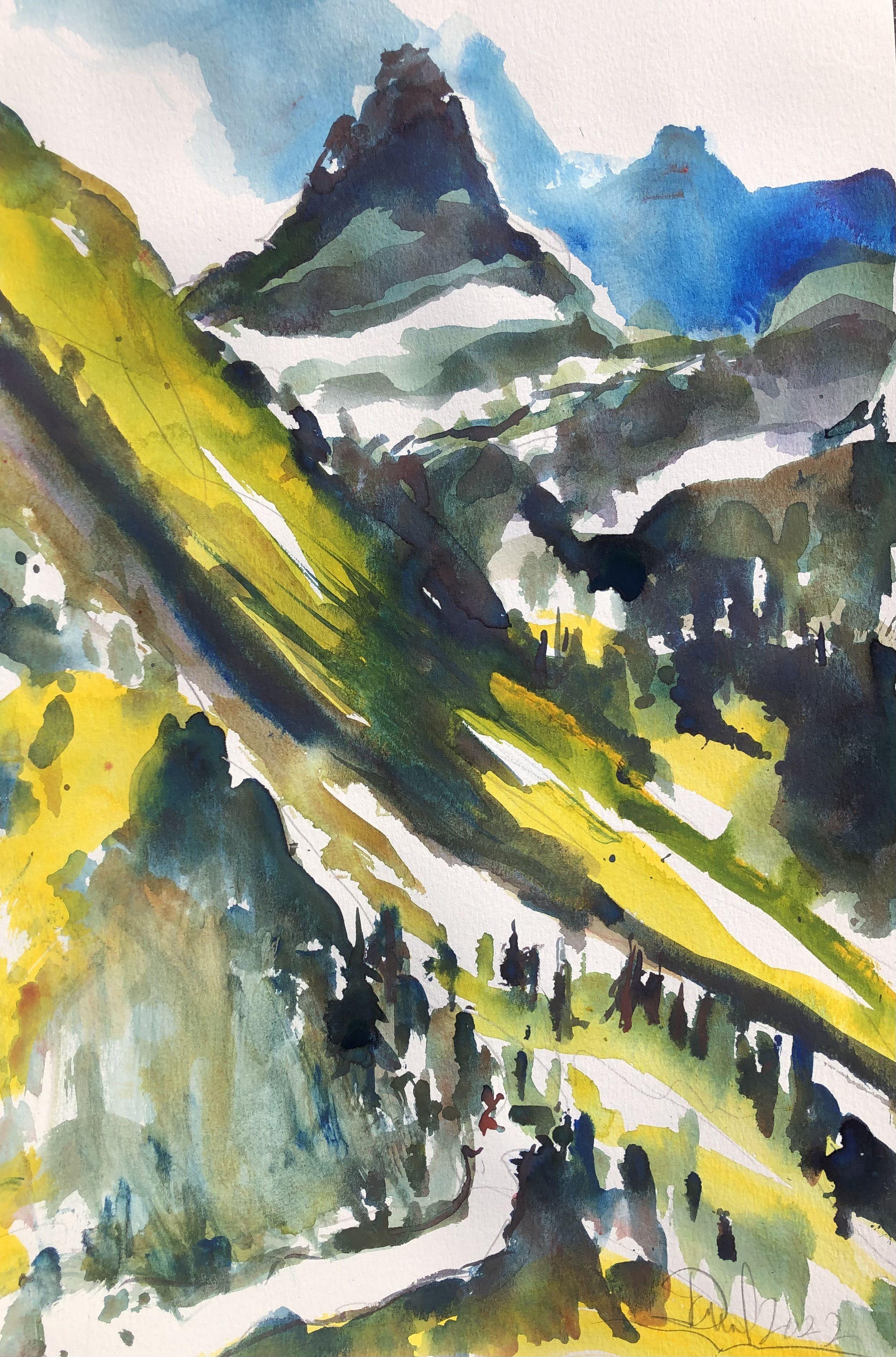 Vista del Matterhorn en verano, Pintura, Acuarela sobre papel de acuarela - Art de Daniel Clarke