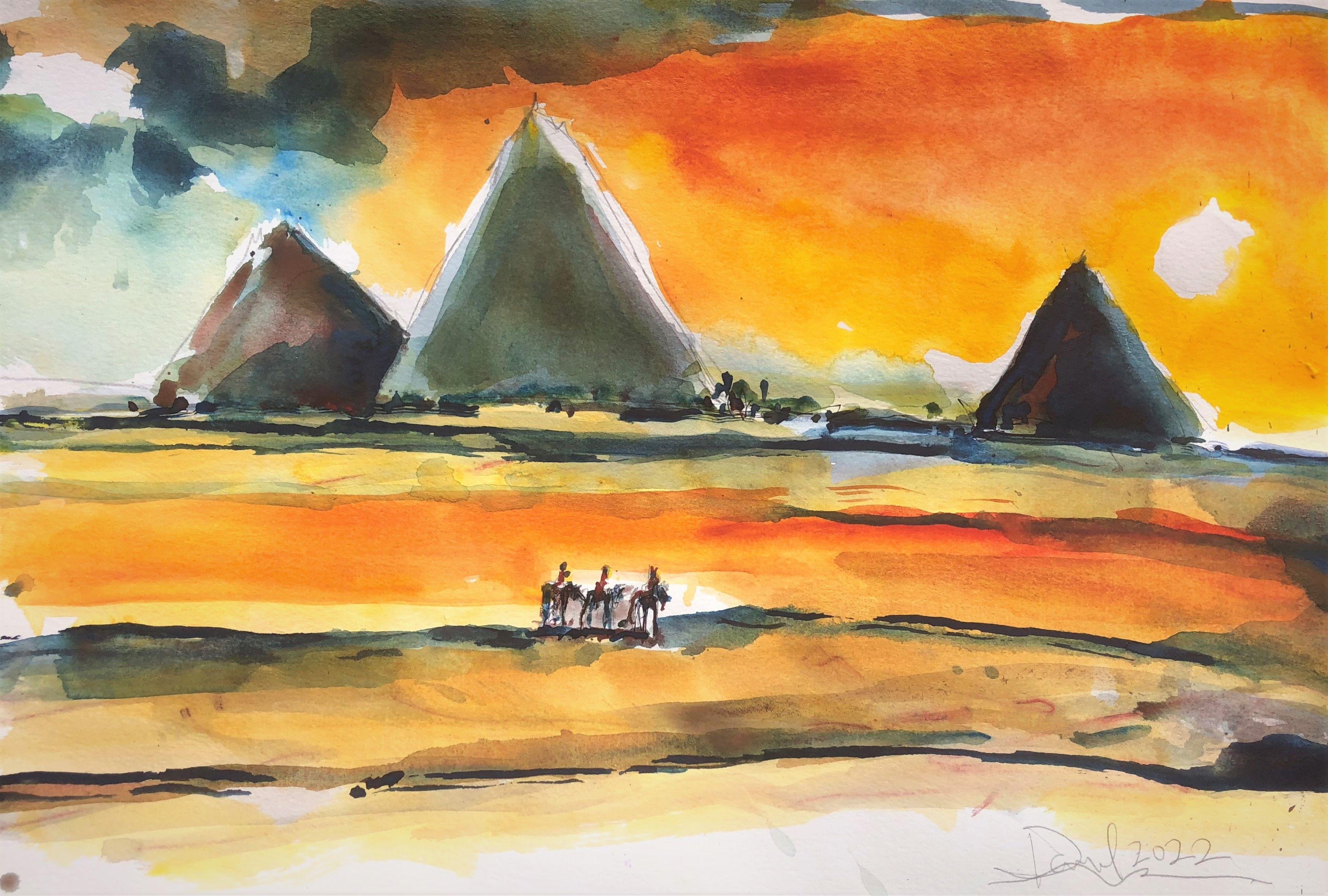 Drei Reisende, Malerei, Aquarell auf Aquarellpapier – Art von Daniel Clarke