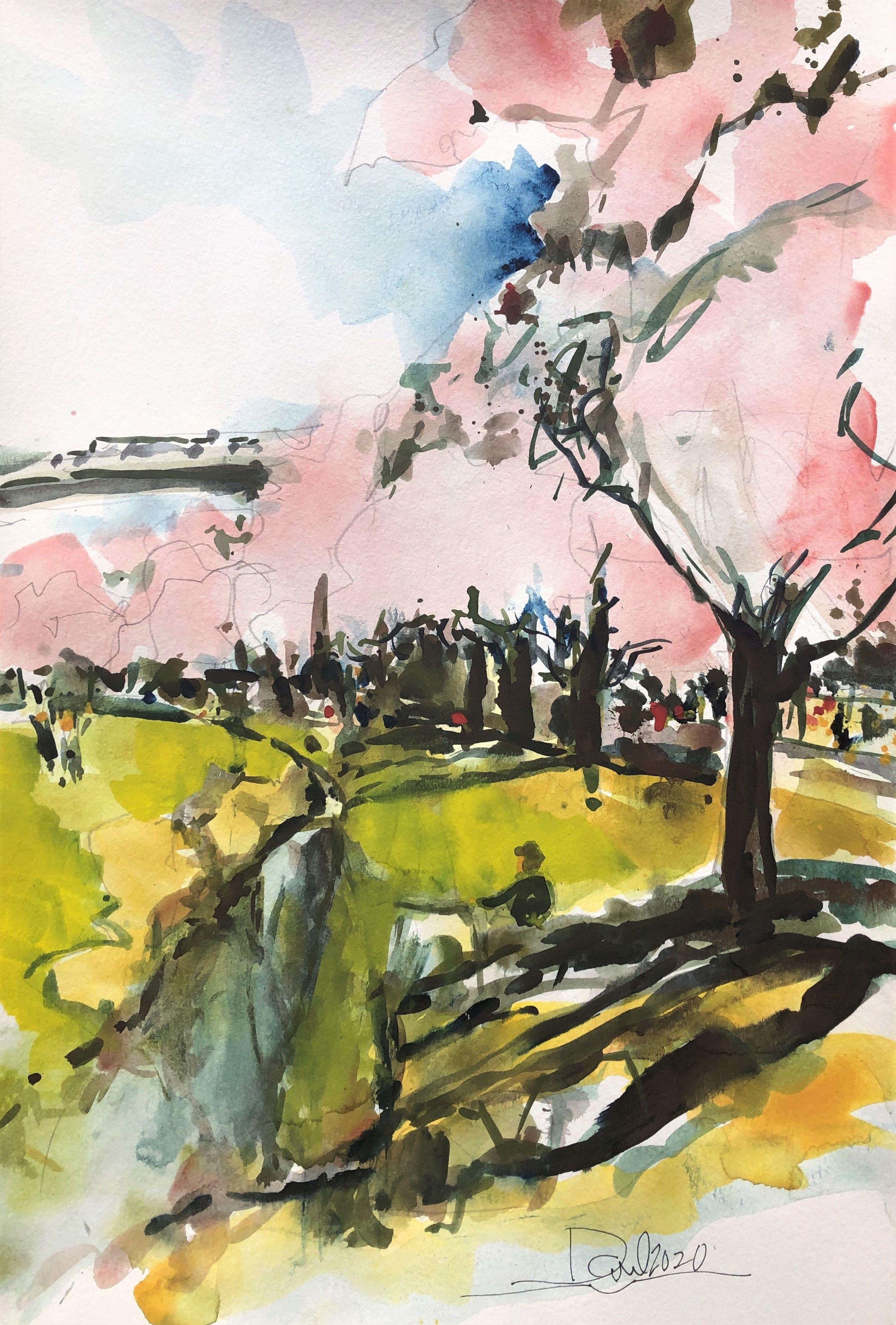 Portland Waterfront-Blumen, Gemälde, Aquarell auf Aquarellpapier – Art von Daniel Clarke