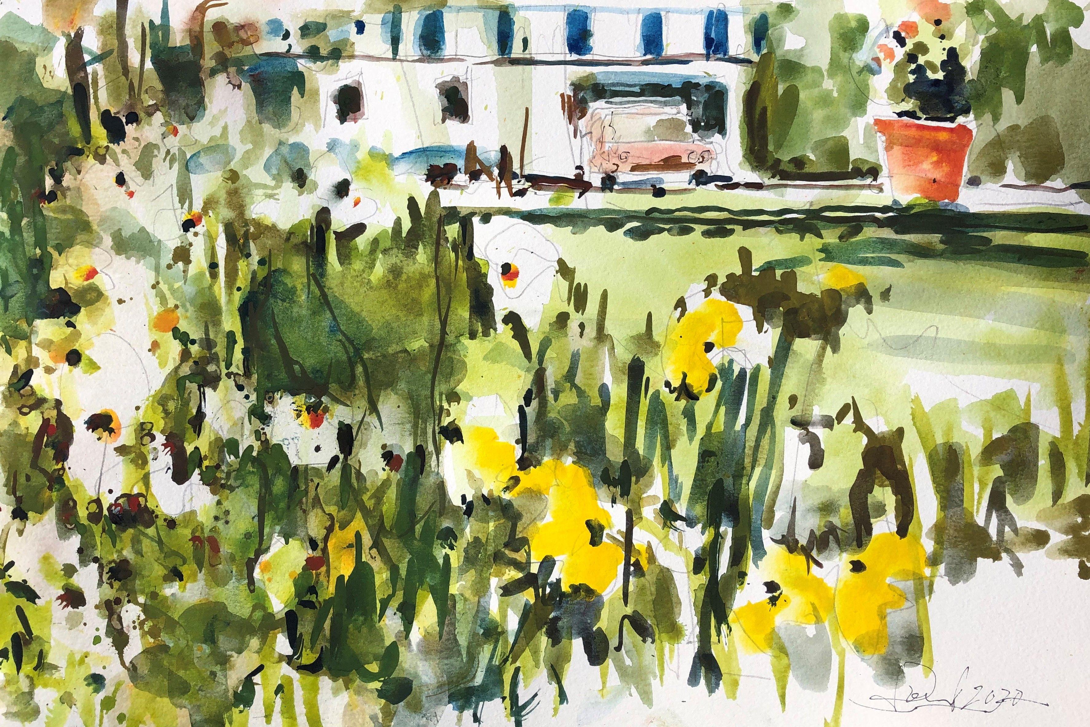 SoCal Backyard, Pintura, Acuarela sobre papel de acuarela - Art de Daniel Clarke
