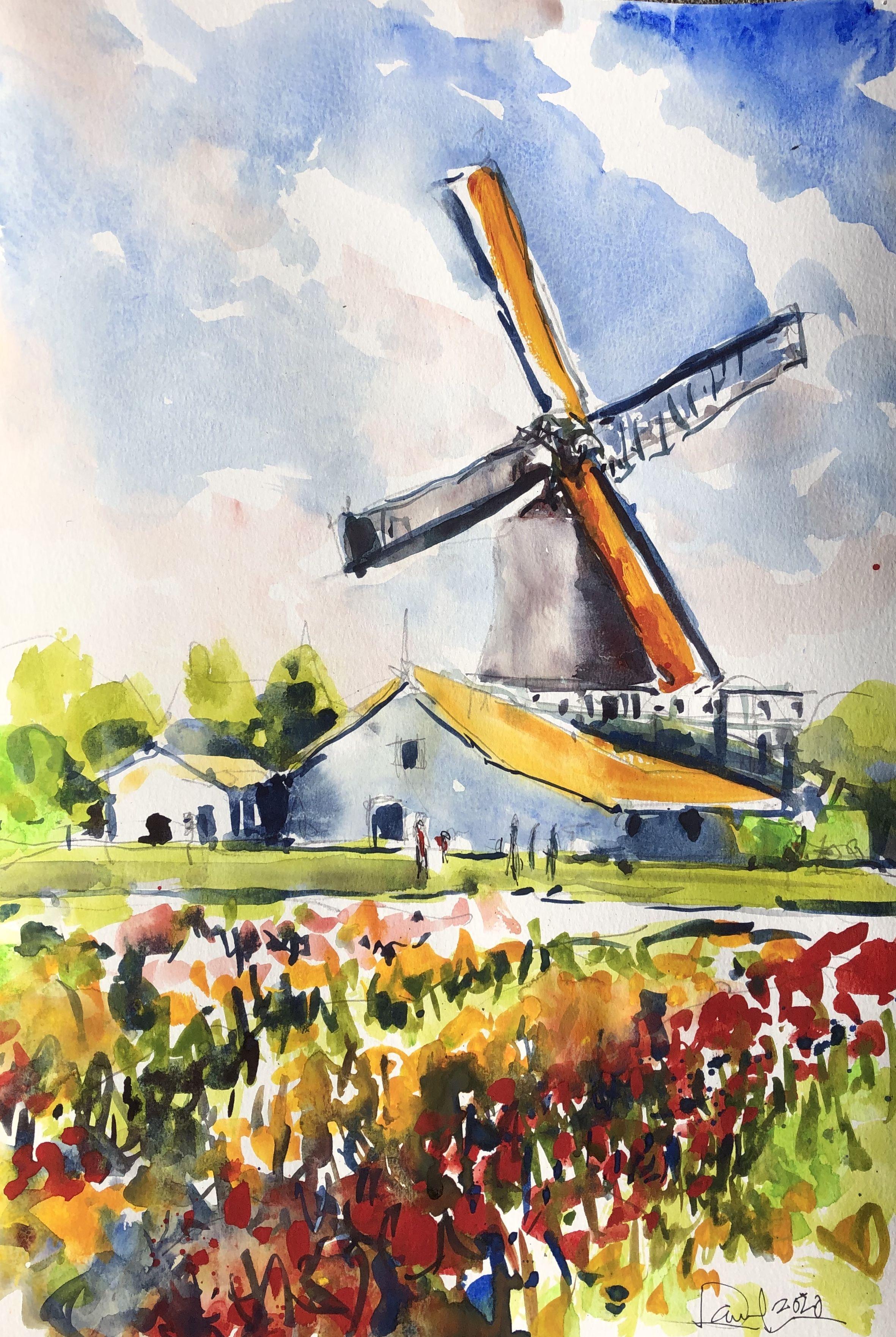 Tulpen season, Gemälde, Aquarell auf Aquarellpapier – Art von Daniel Clarke