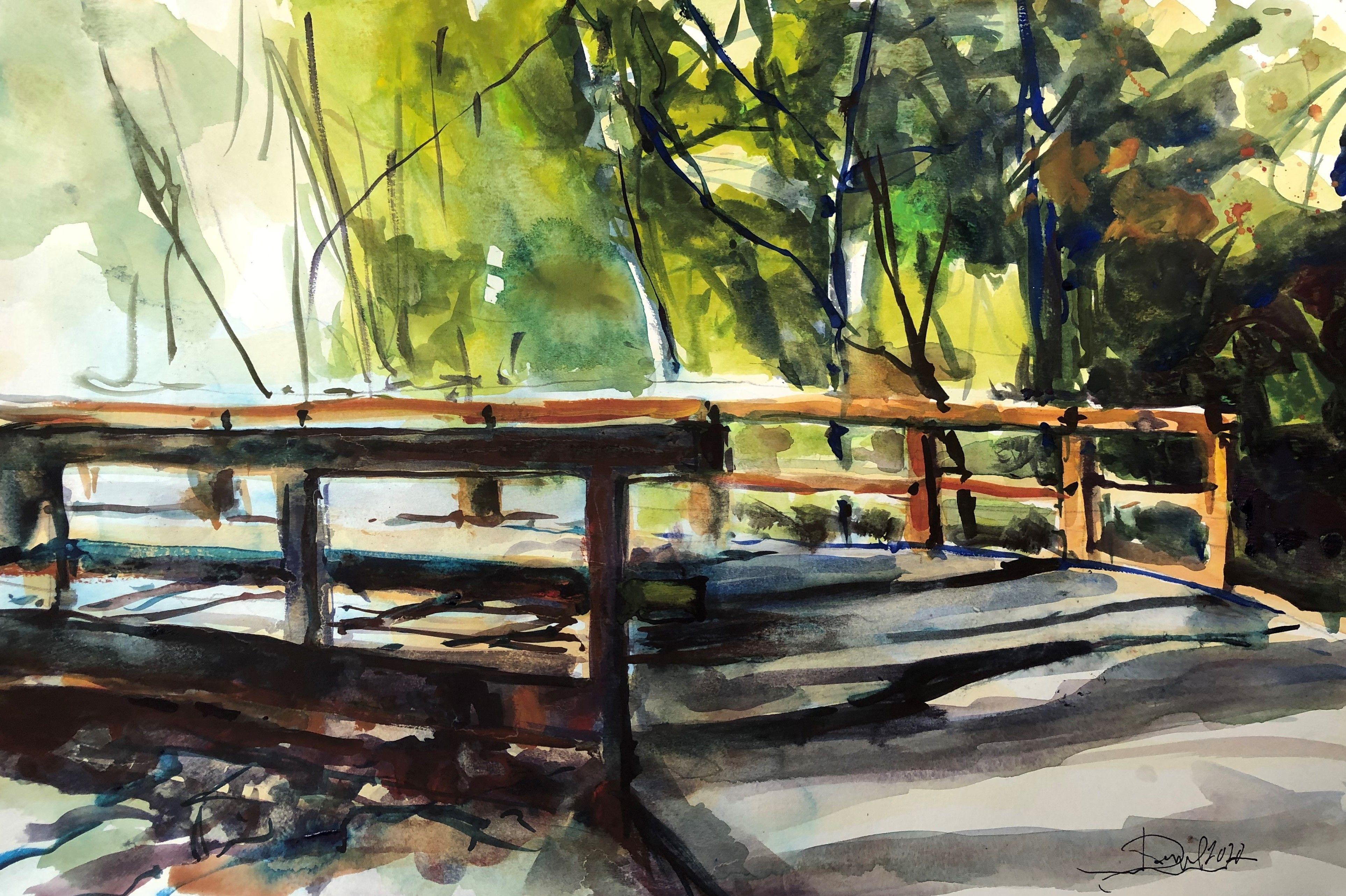 Malibu Trail Bridge, Pintura, Acuarela sobre papel de acuarela - Art de Daniel Clarke