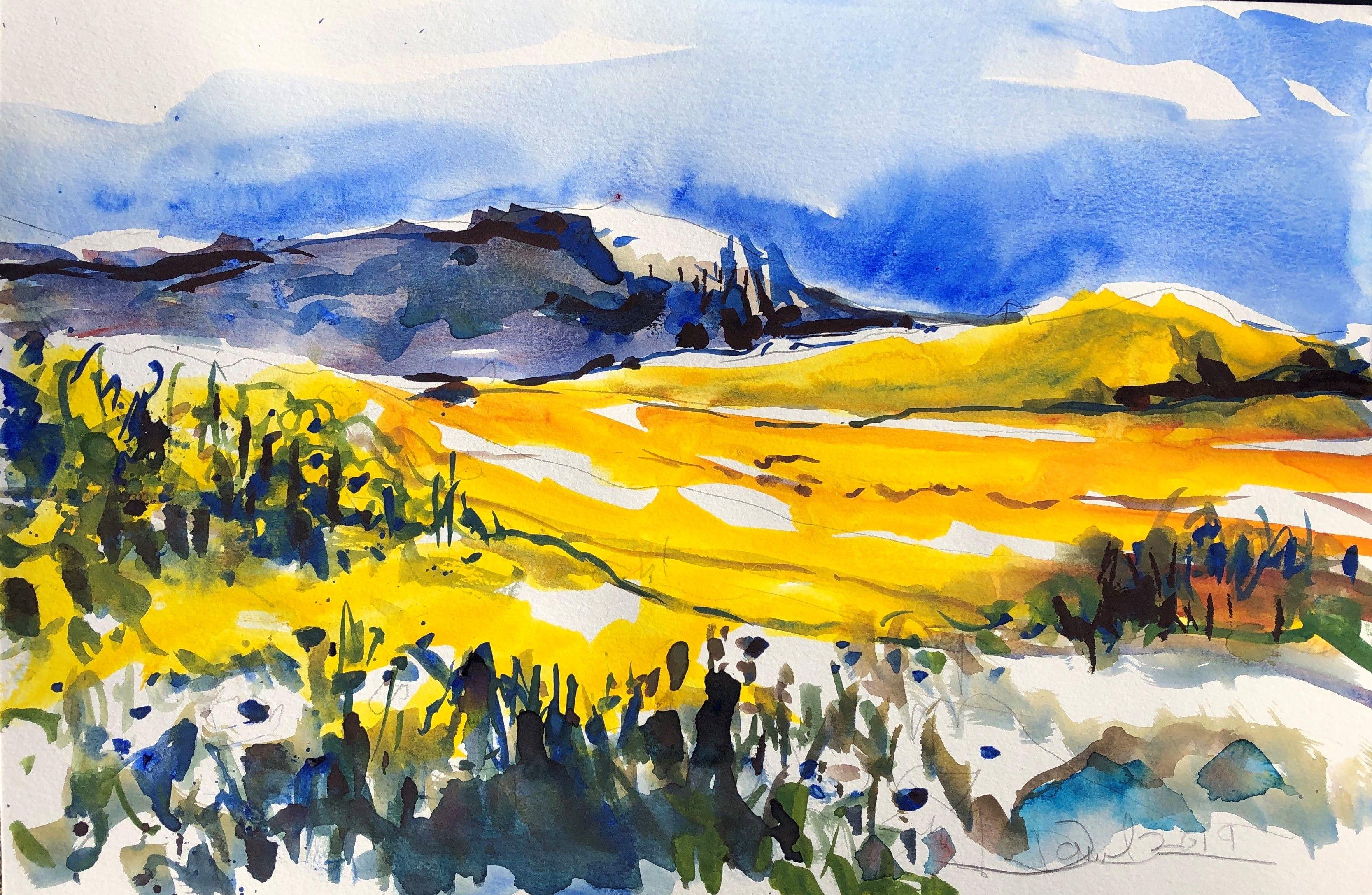 Peinture, aquarelle sur papier aquarelle de l'Eastern Washington Winter - Art de Daniel Clarke