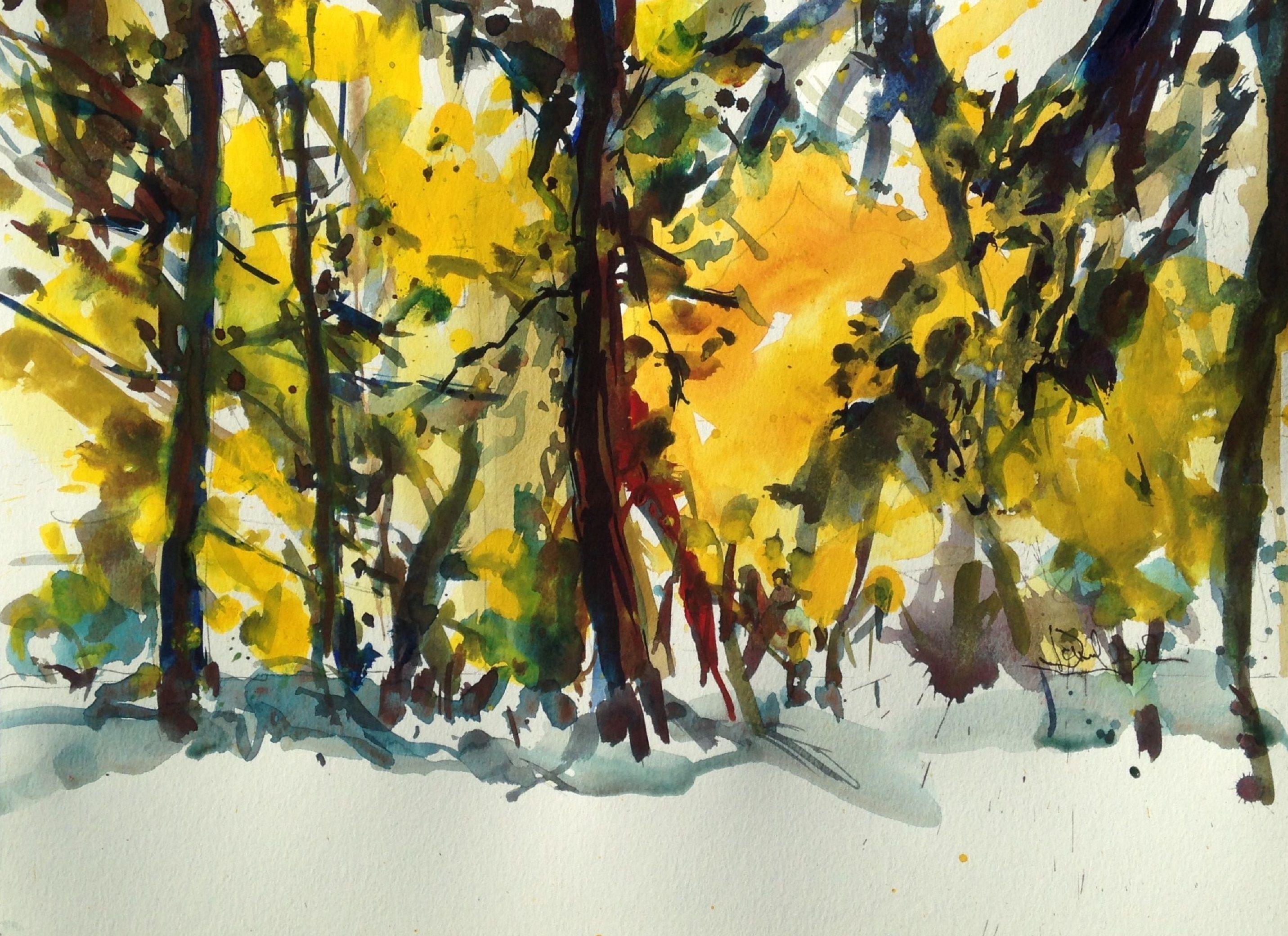 Herbstfarben, Malerei, Aquarell auf Aquarellpapier – Art von Daniel Clarke