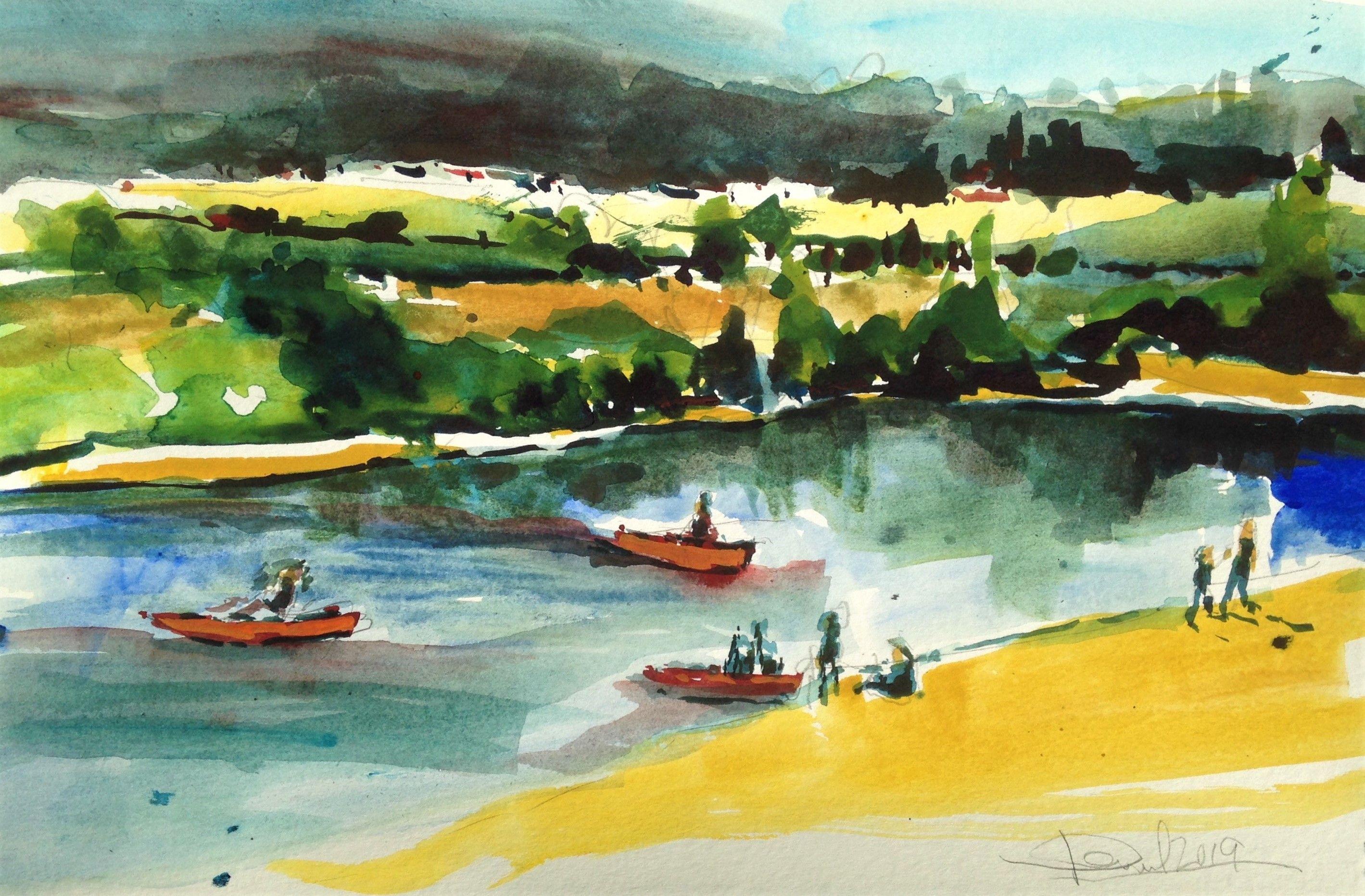 River Scene aus Los Angeles, Gemälde, Aquarell auf Aquarellpapier – Art von Daniel Clarke
