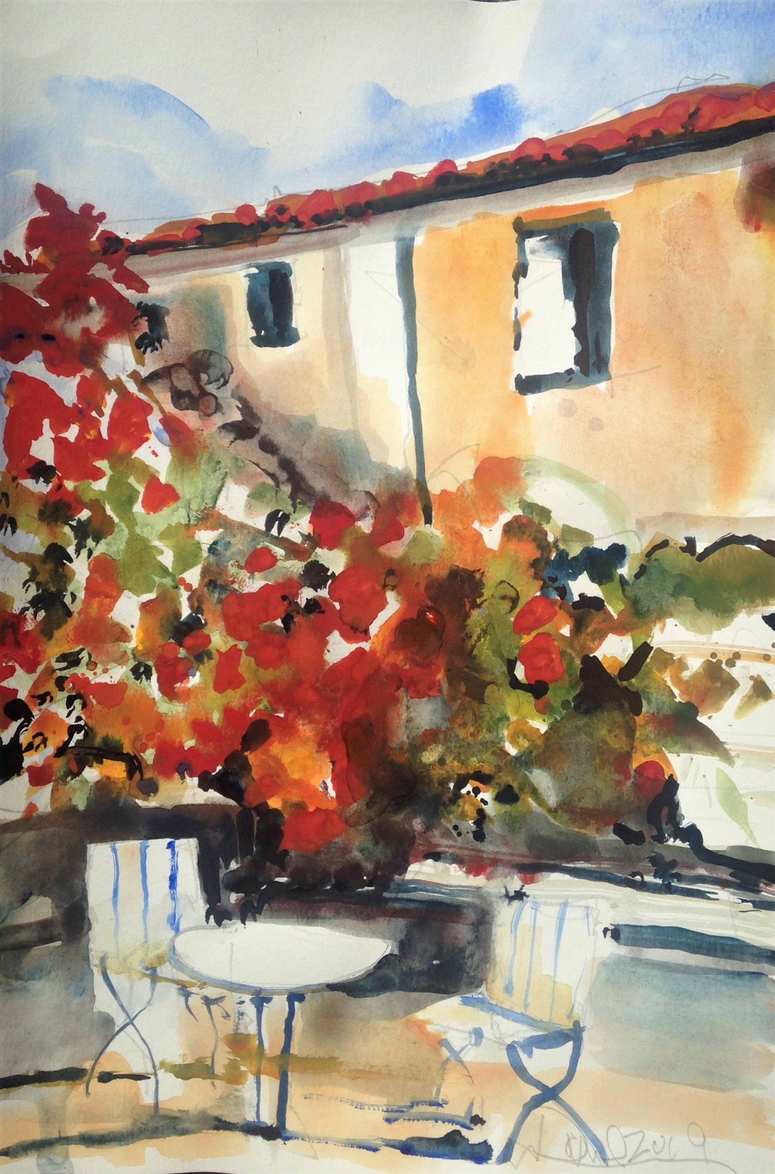 Bougainvilliers de Majorque, peinture, aquarelle sur papier aquarelle - Art de Daniel Clarke