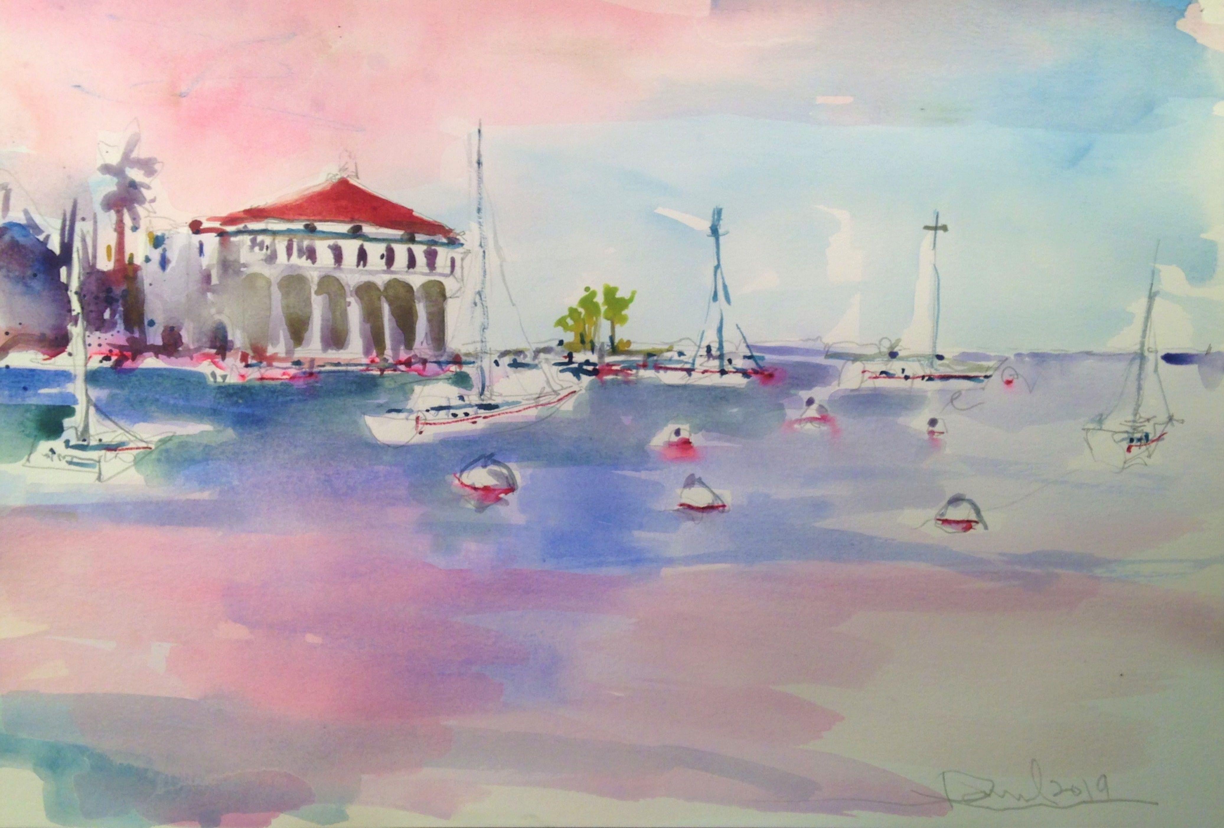 Ciel rose au-dessus d'Avalon, peinture, aquarelle sur papier aquarelle - Art de Daniel Clarke