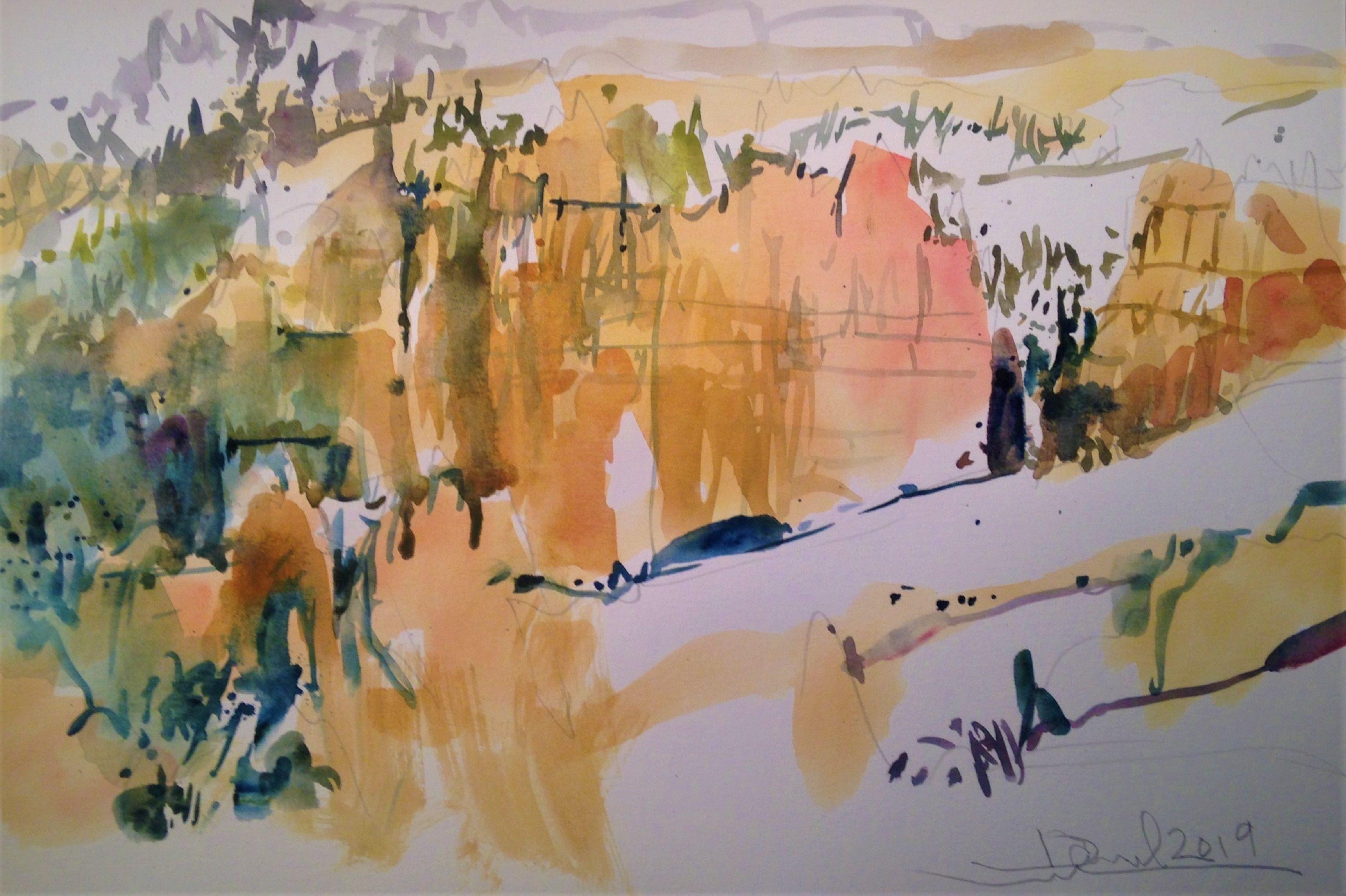 Bryce Canyon Winter, Gemälde, Aquarell auf Aquarellpapier – Art von Daniel Clarke