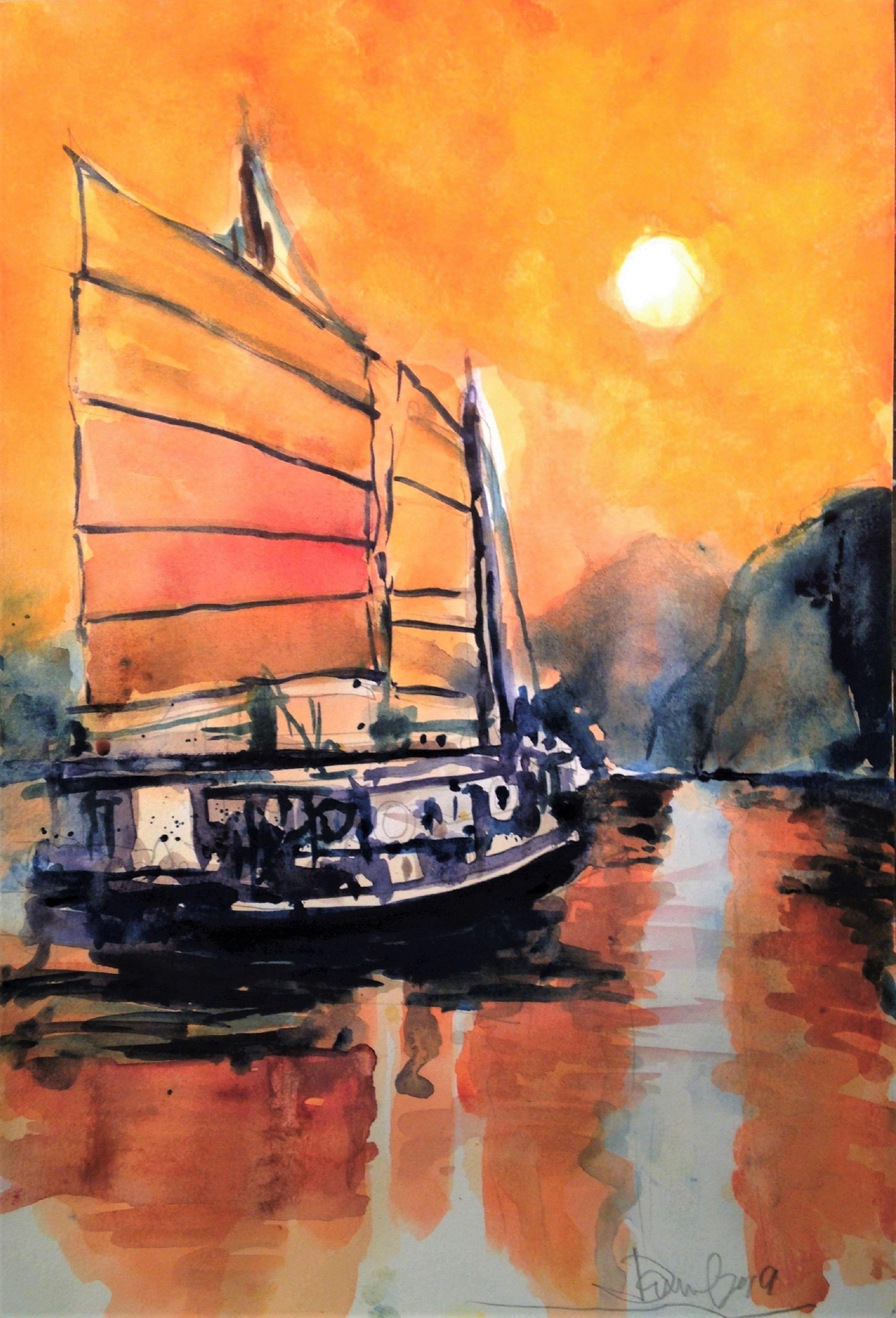 Mar de China Meridional; Atardecer, Pintura, Acuarela sobre papel de acuarela - Art de Daniel Clarke