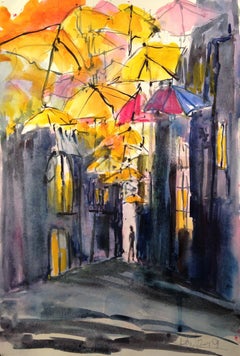 Alfama Quarter Evening, Painting, Watercolor on Watercolor Paper