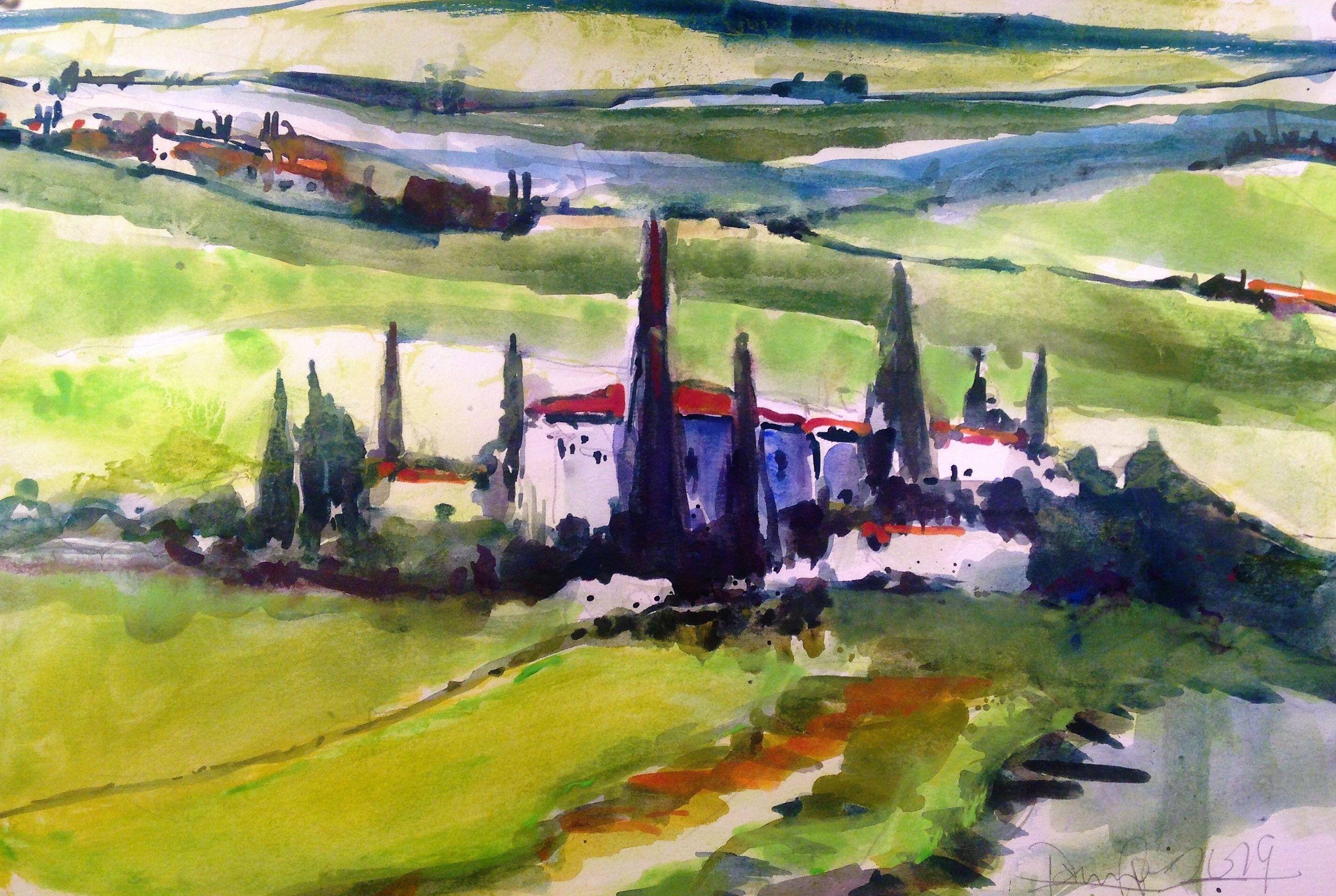 Tuscane, peinture, aquarelle sur papier aquarelle - Art de Daniel Clarke