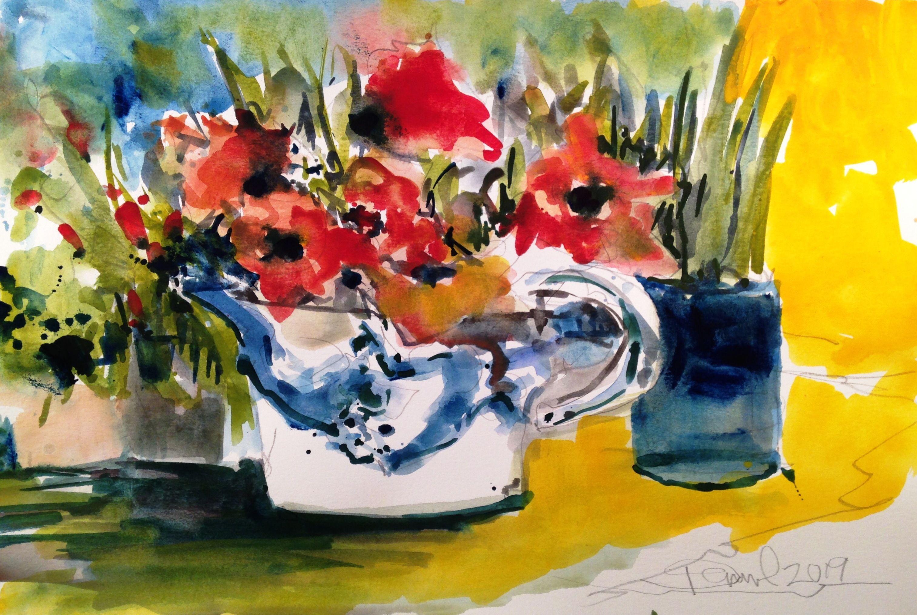 Blue China Flowers, Painting, Watercolor on Watercolor Paper - Art by Daniel Clarke