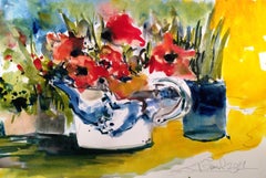 Blue China Flowers, Painting, Watercolor on Watercolor Paper