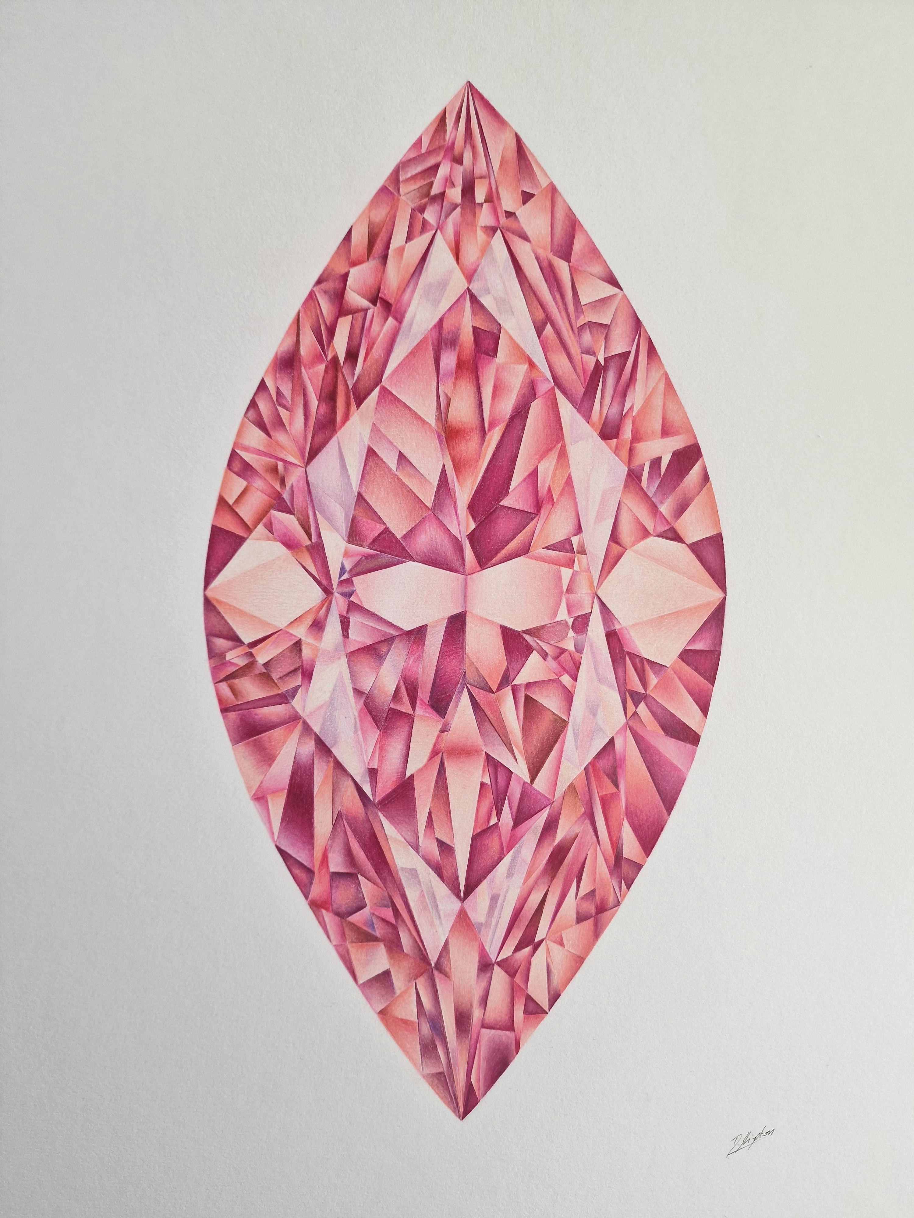 Marquise Cut Pink Diamond, Zeichnung, Bleistift/Farbstift auf Papier (Realismus), Art, von Daniel Shipton
