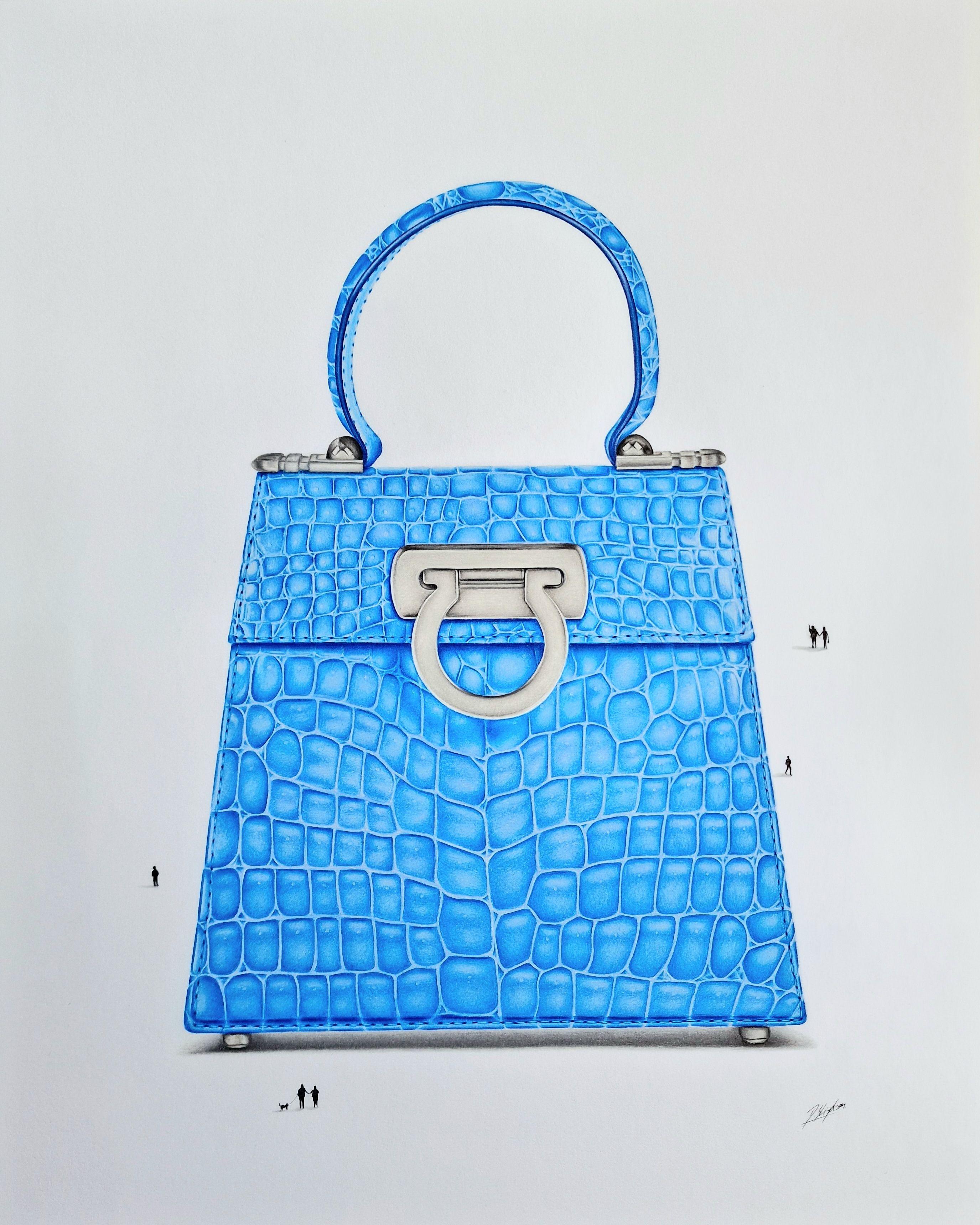 Sac à main en peau de crocodile bleu : un dessin, un dessin, un crayon/crayon coloré sur papier - Art de Daniel Shipton