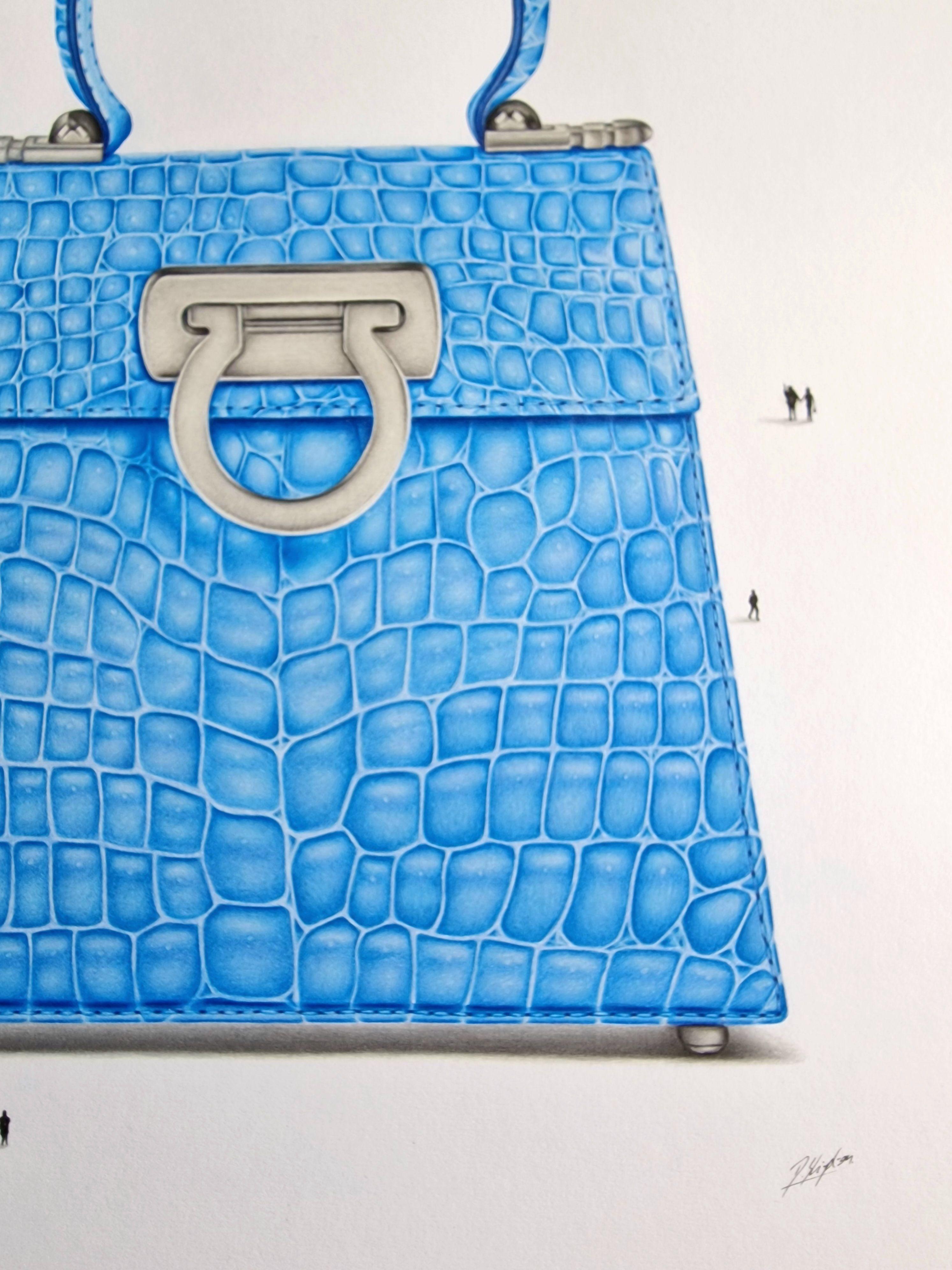 Sac à main en peau de crocodile bleu : un dessin, un dessin, un crayon/crayon coloré sur papier - Réalisme Art par Daniel Shipton