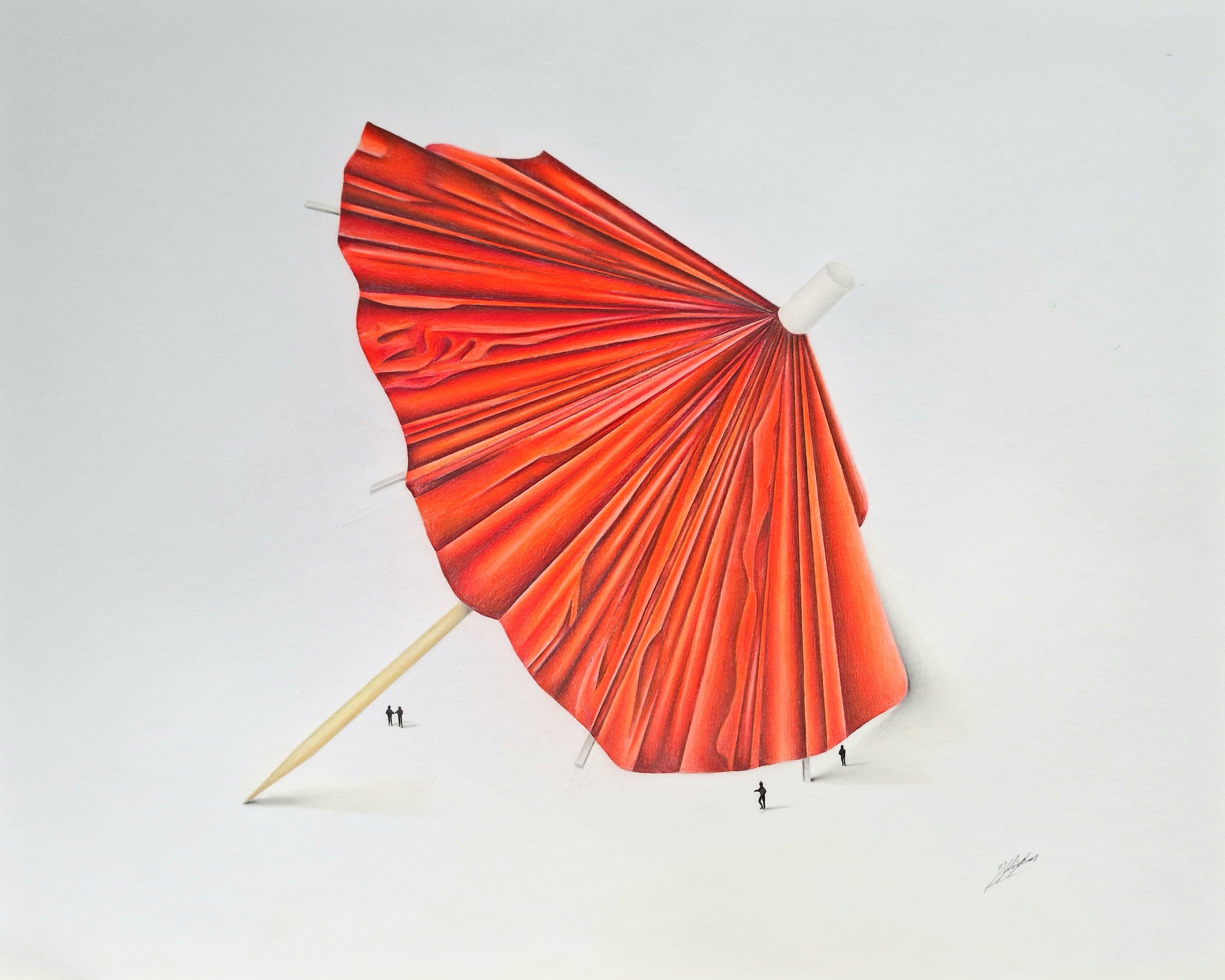 Cocktail Umbrella: Red, Drawing, Pencil/Colored Pencil on Paper