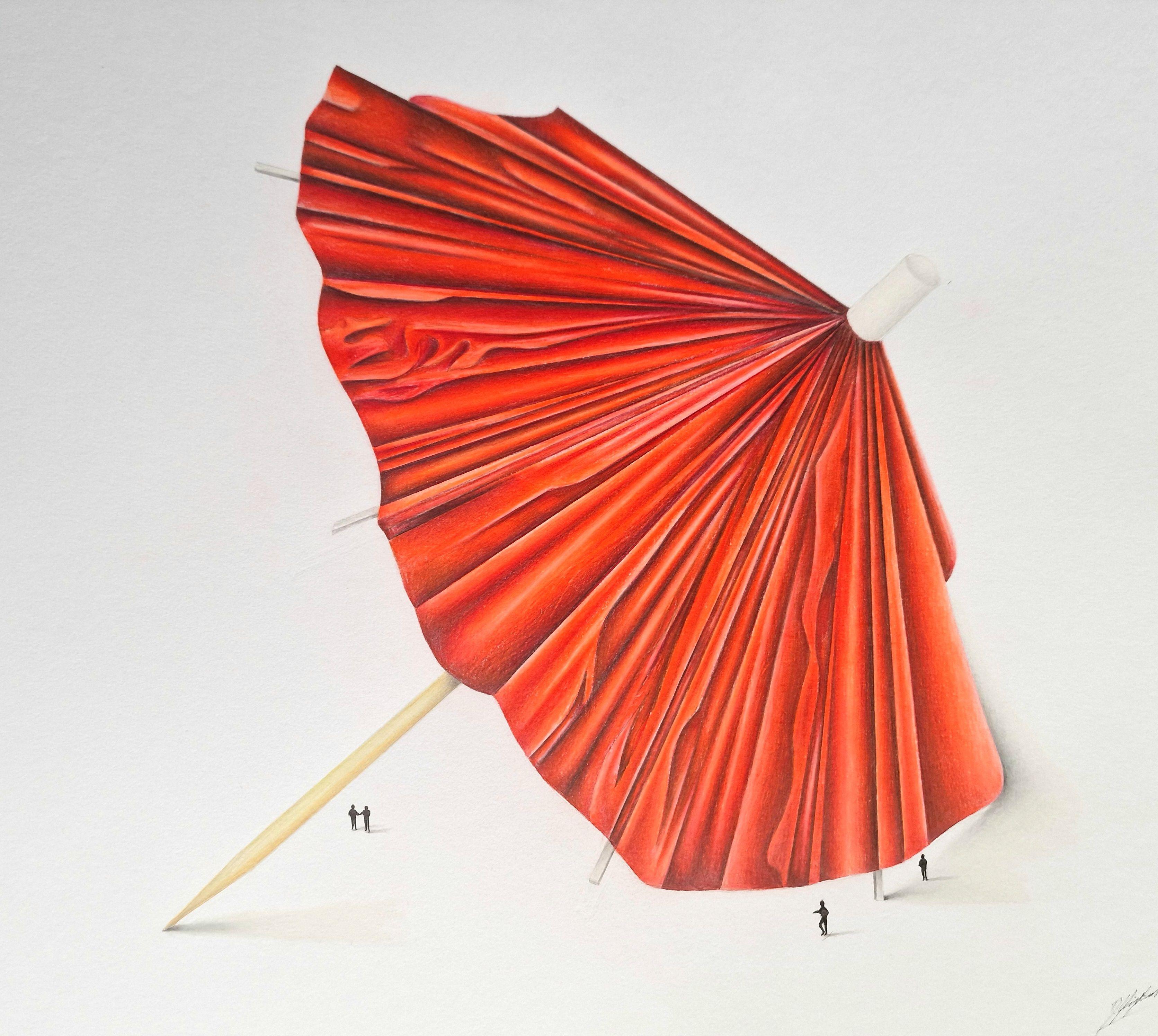 Cocktail Umbrella: Red, Drawing, Pencil/Colored Pencil on Paper - Realist Art by Daniel Shipton