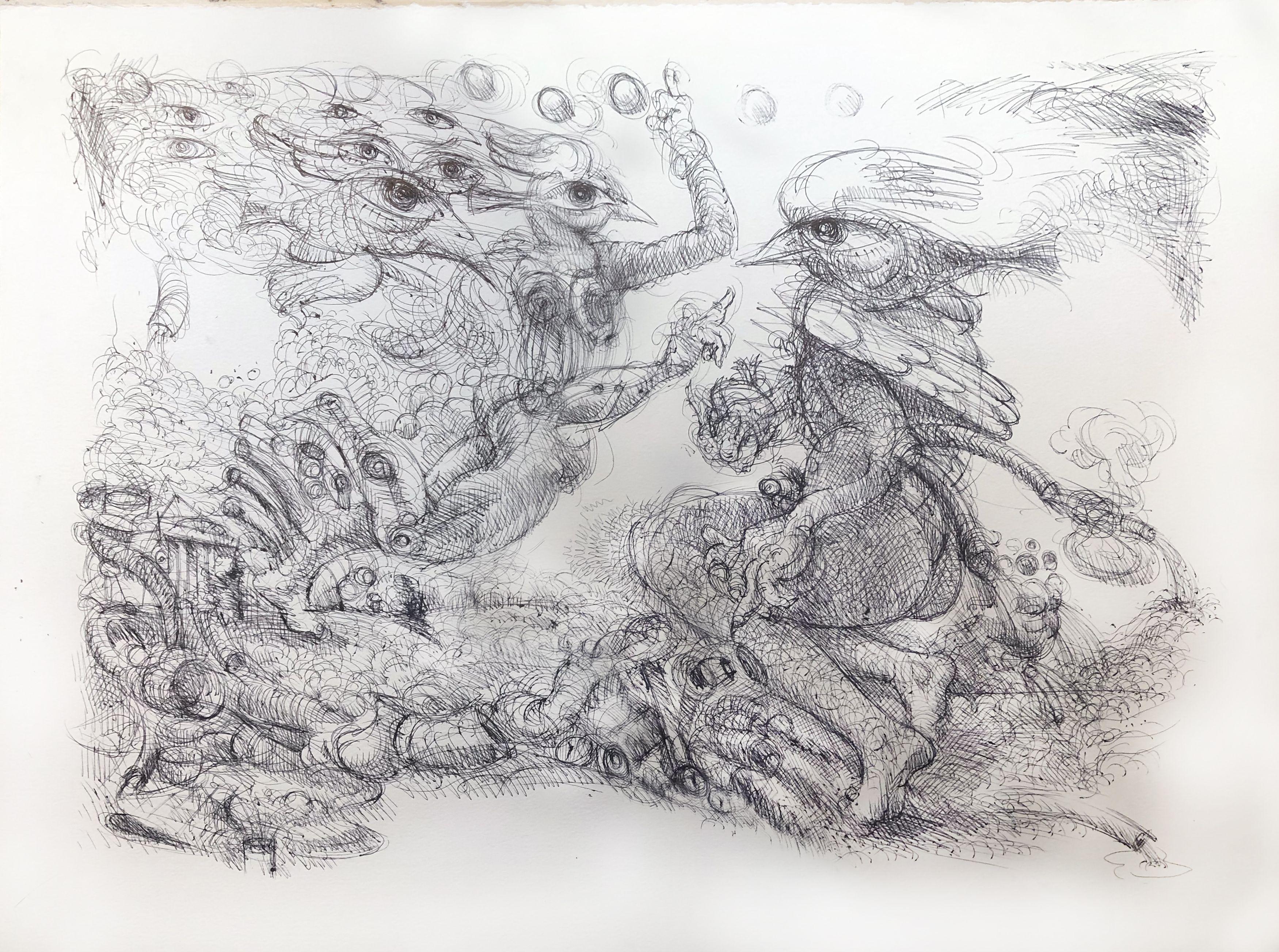 meeting, Zeichnung, Stift und Tinte auf Aquarellpapier – Art von Edward Zelinsky