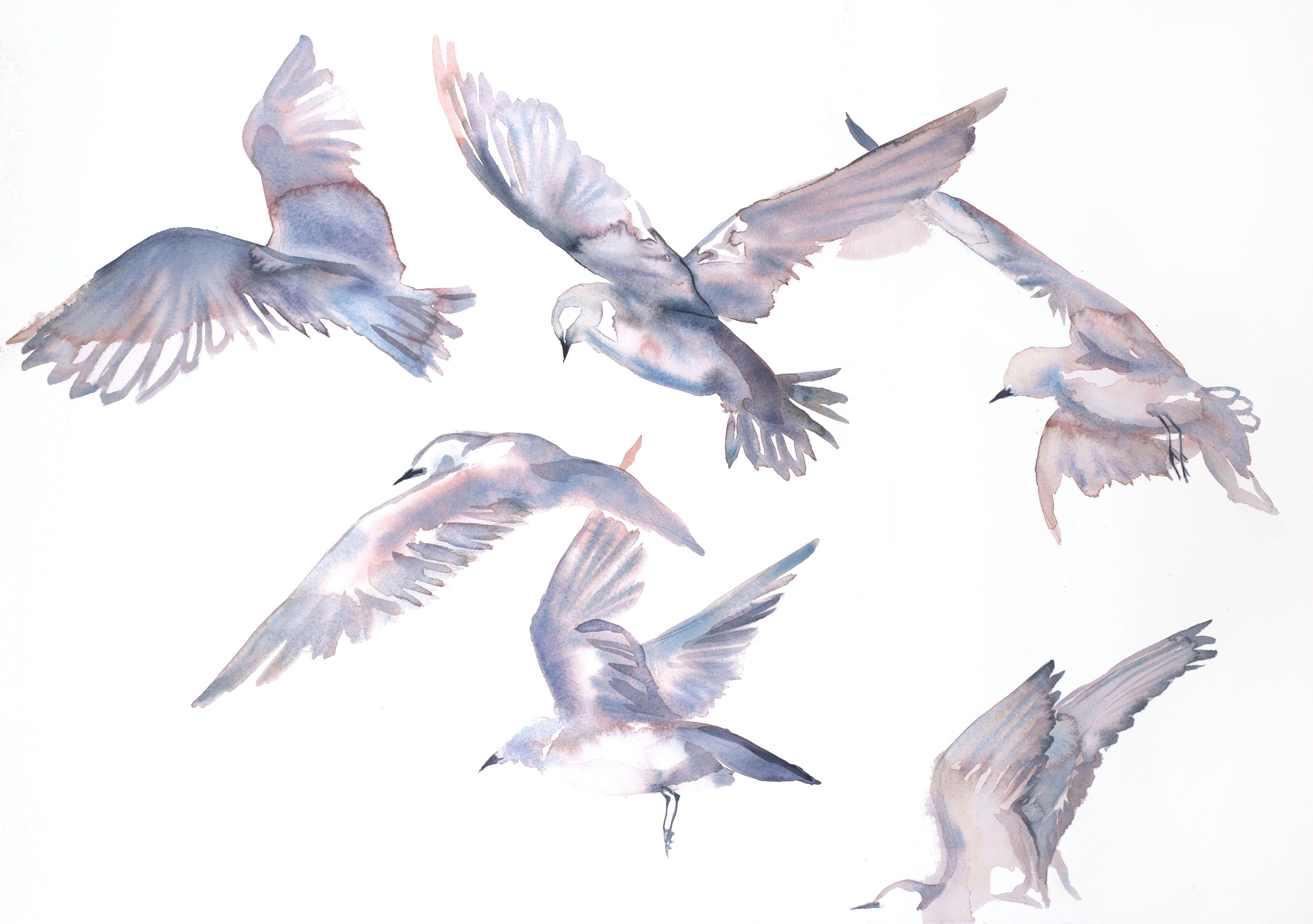Gaviotas en vuelo, Pintura, Acuarela sobre papel - Art de Elizabeth Becker