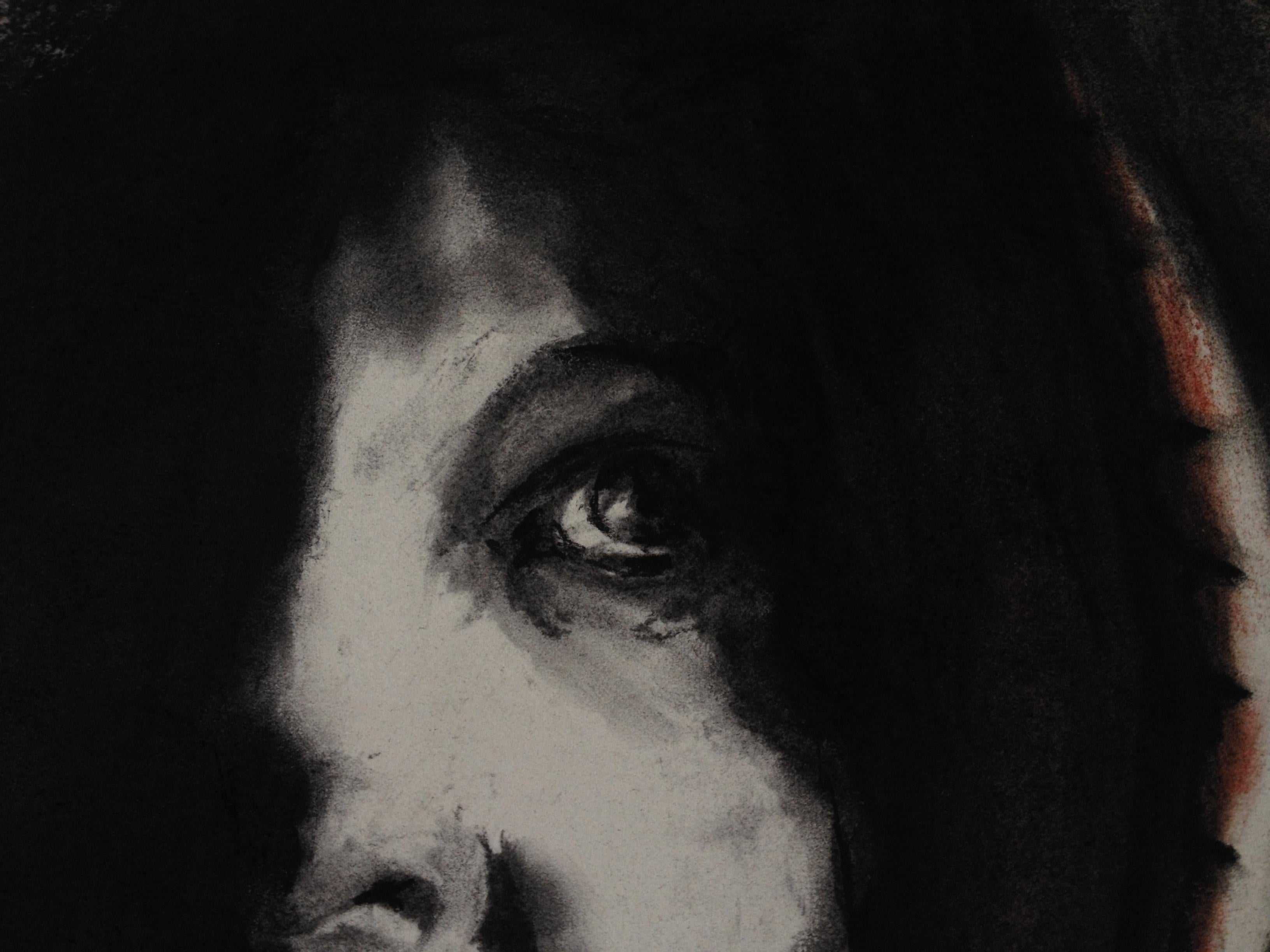Charcoal on paper.  Image can be cropped to fit a frame.  Original paper is longer than the image itself (see last photo). :: Drawing :: Contemporary :: This piece comes with an official certificate of authenticity signed by the artist :: Ready to
