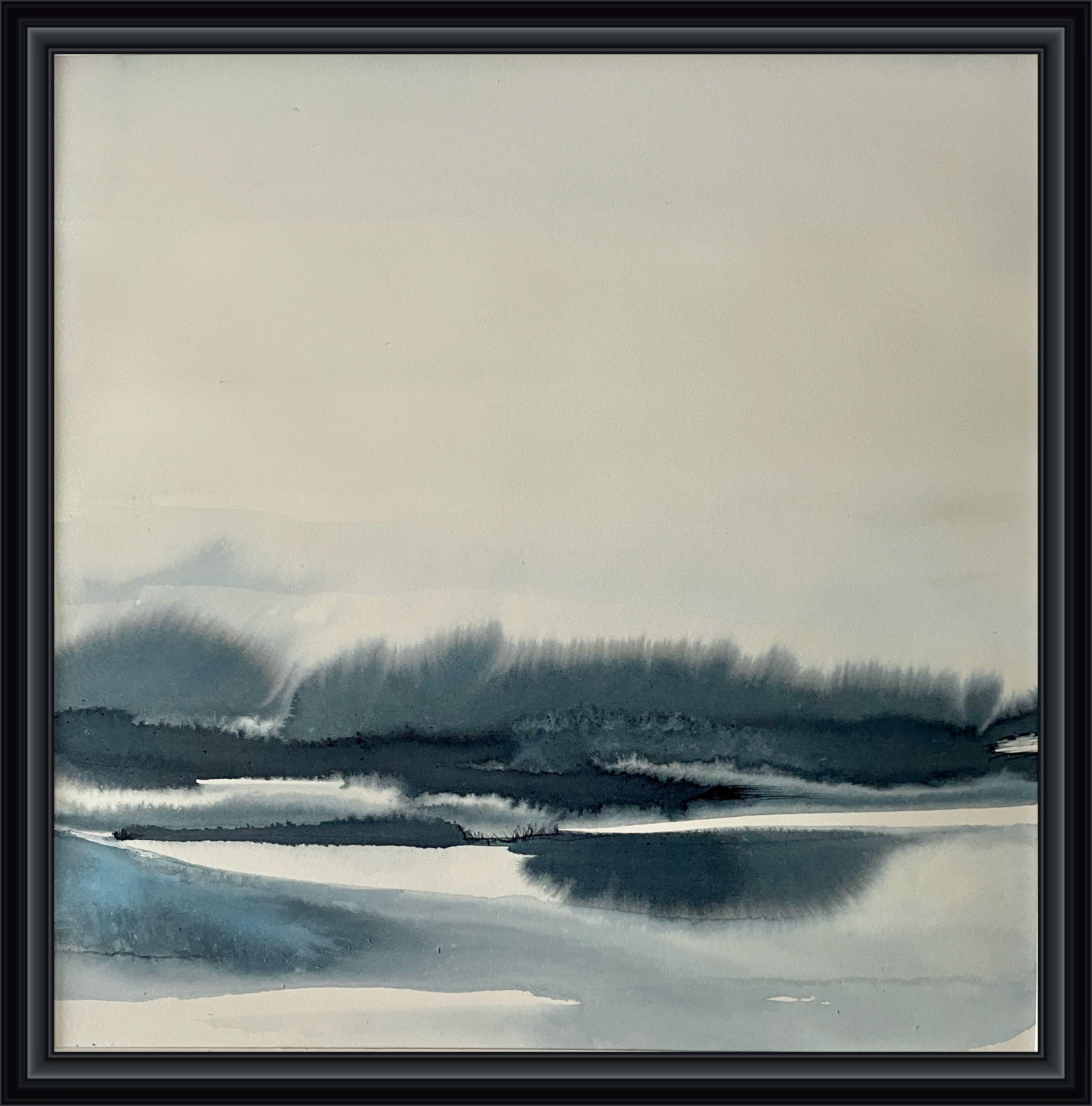 Una reducción en blanco y negro del hermoso paisaje invernal que me rodea....     Las filigranas y las líneas, los arañazos y otros efectos de acuarela son importantes para mi trabajo y siguen fascinándome.     Acuarela/tinta sobre papel de acuarela