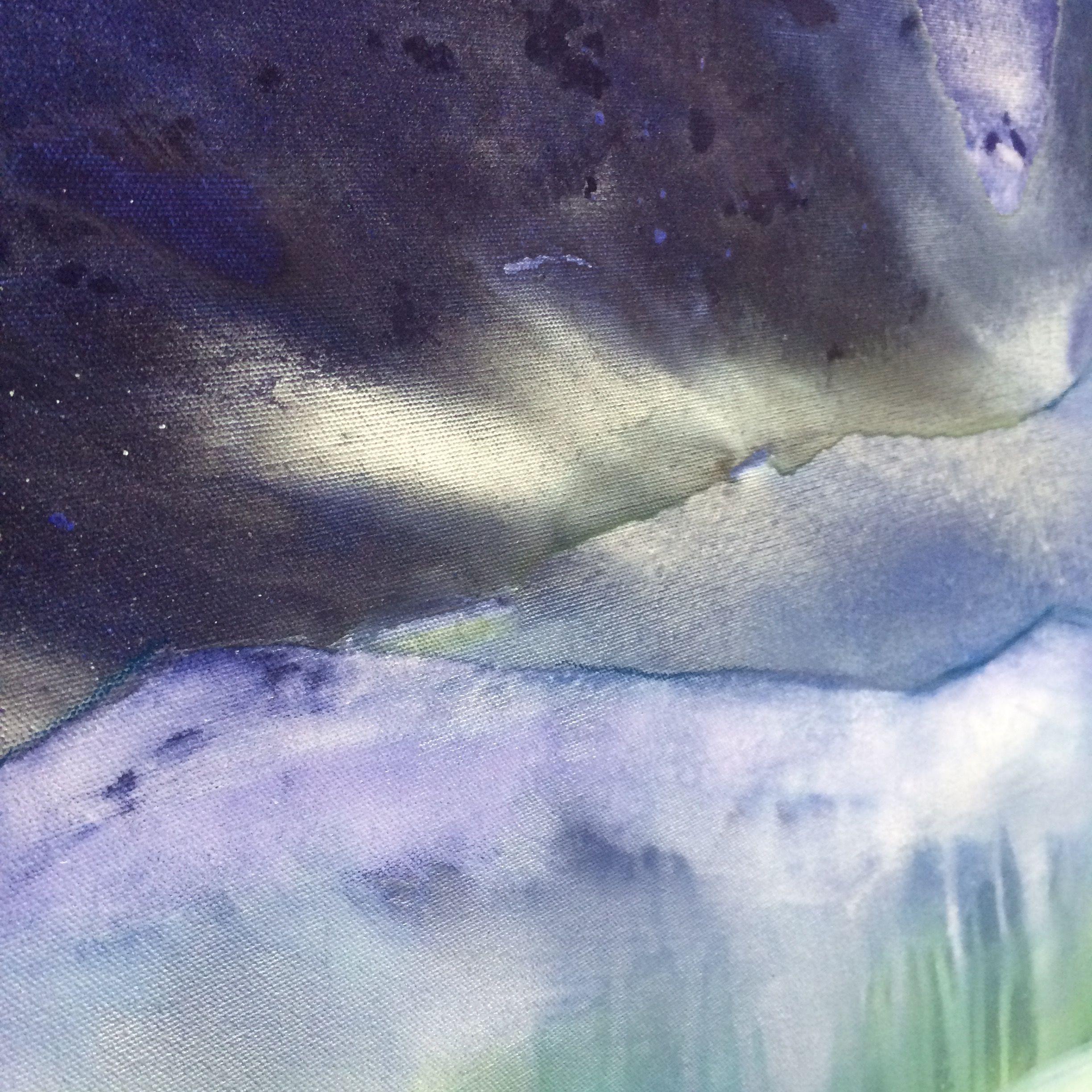 A big, powerful, sparkling statement peace about the beautiful light at night. Light is shining through the clouds, some stars are seen and the scenery becomes dreamlike and magic.   Often I think that mountains look like a frozen sea - there is