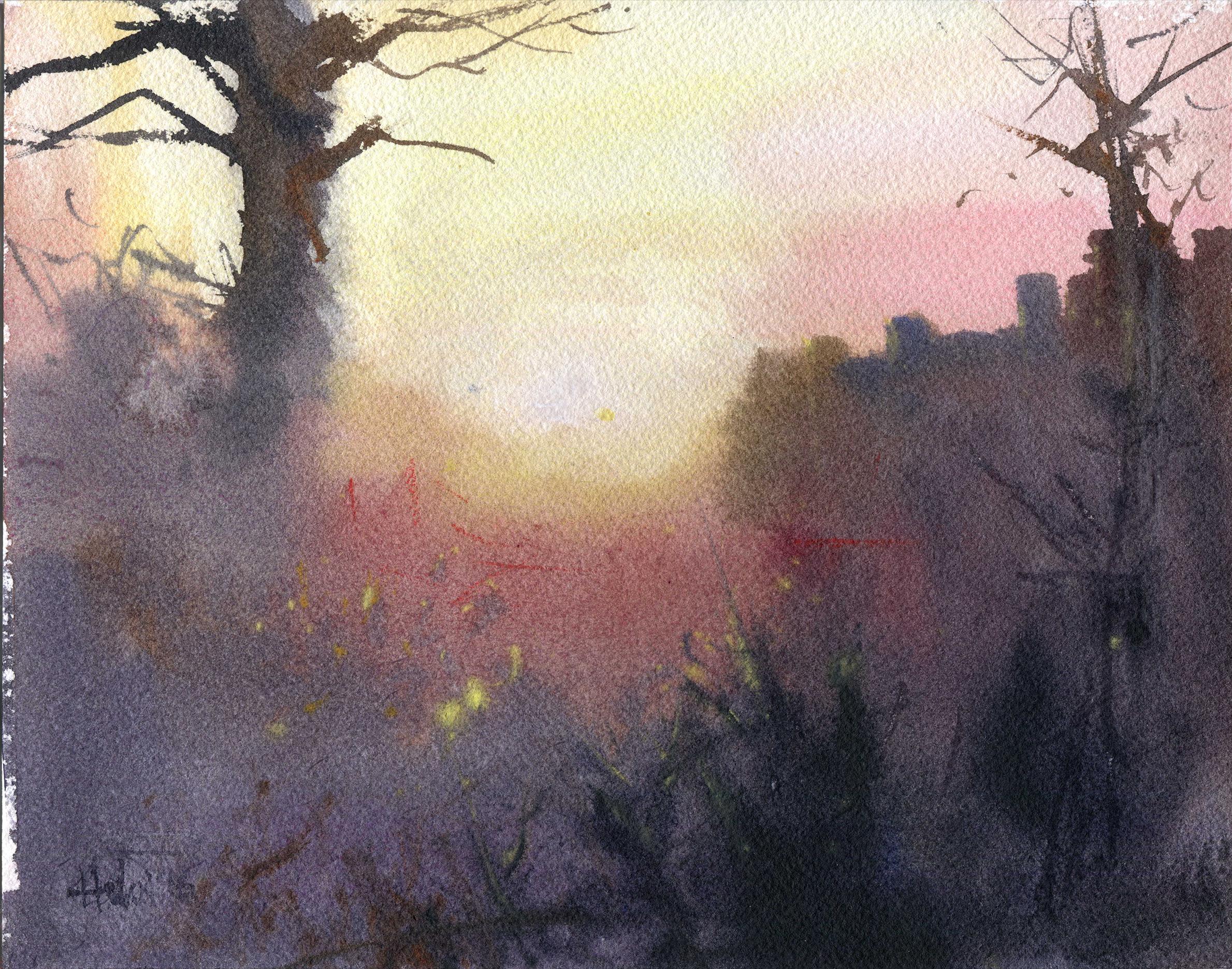 Coucher de soleil, peinture, aquarelle sur papier aquarelle - Art de Helal Uddin
