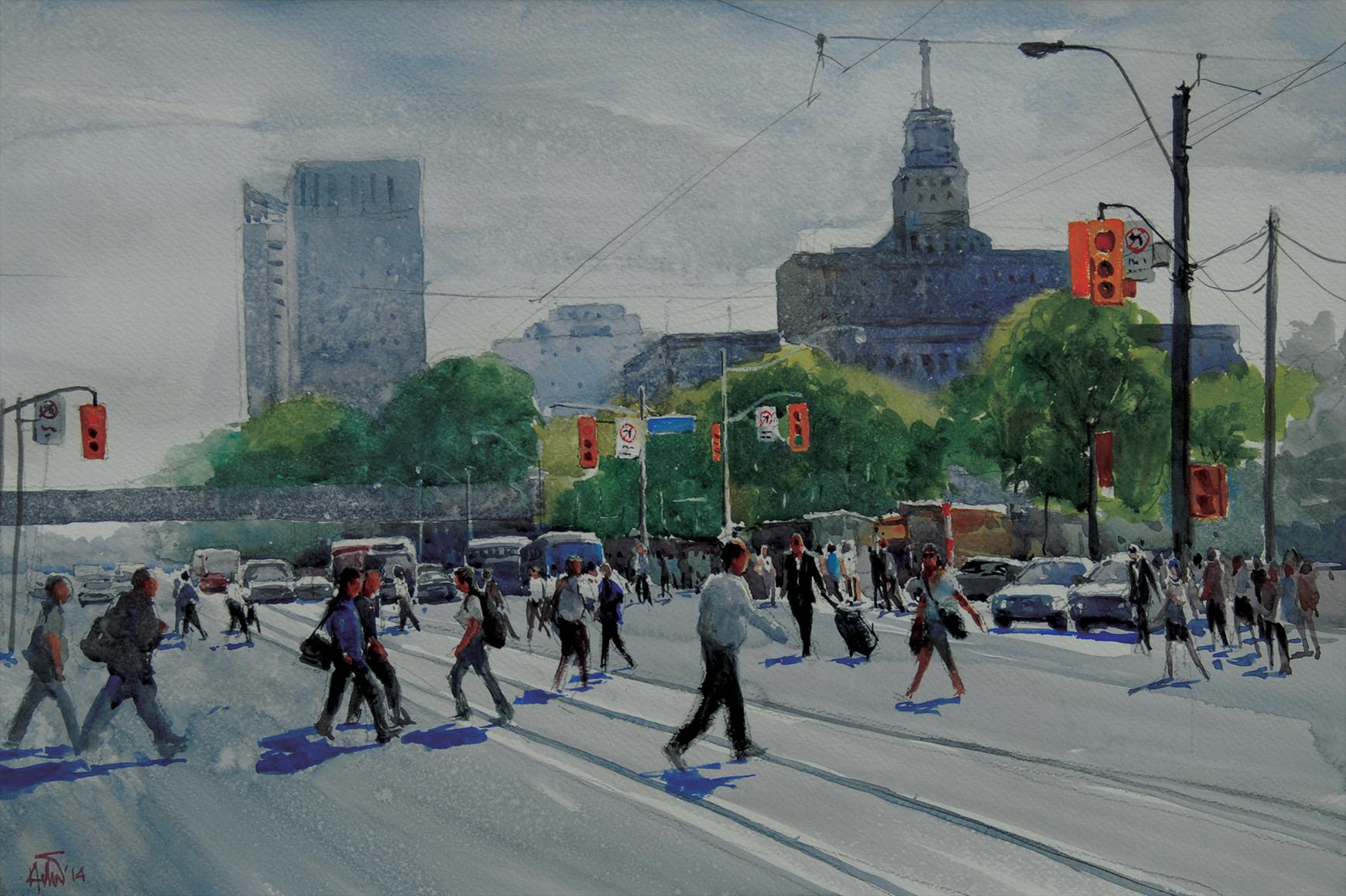 Bay St, Toronto, Kanada_02, Gemälde, Aquarell auf Aquarellpapier – Art von Helal Uddin