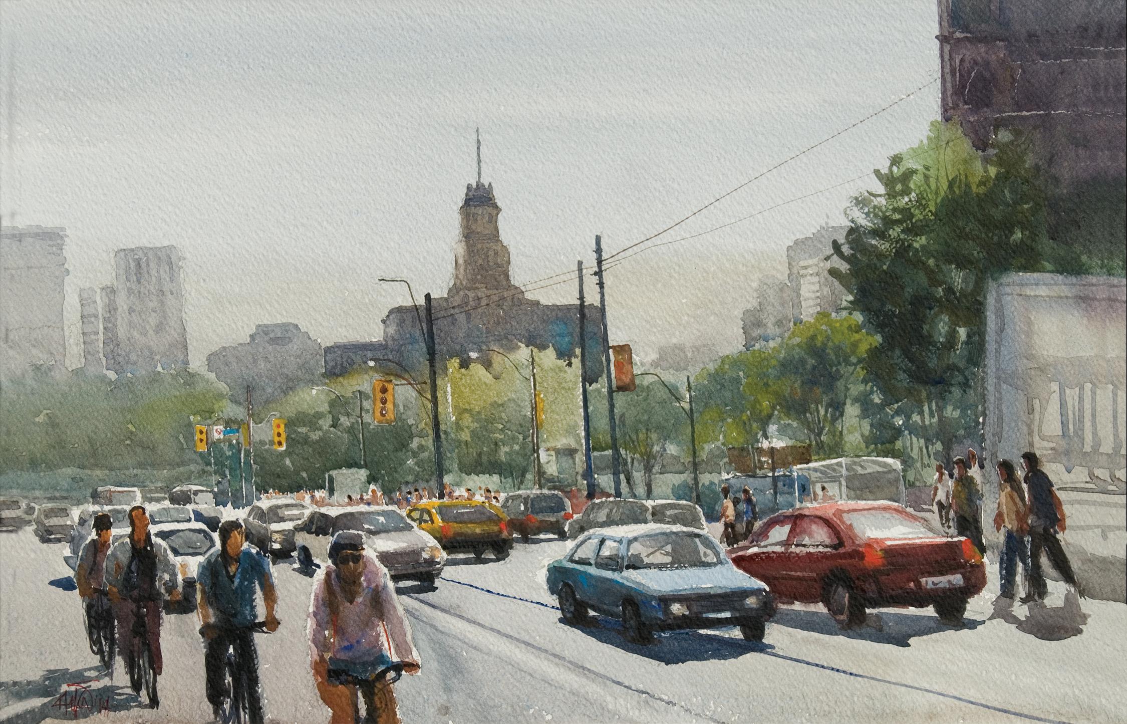 Bay St, Toronto, Kanada_01, Gemälde, Aquarell auf Aquarellpapier – Art von Helal Uddin