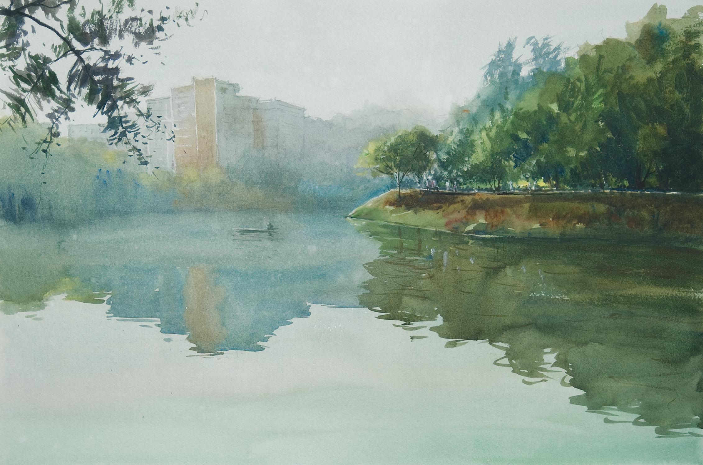 Lago Dhanmondi_Bangladesh, Pittura, Acquerello su carta acquerellata - Art di Helal Uddin