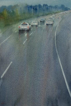 Highway on the rain, Painting, Watercolor on Watercolor Paper