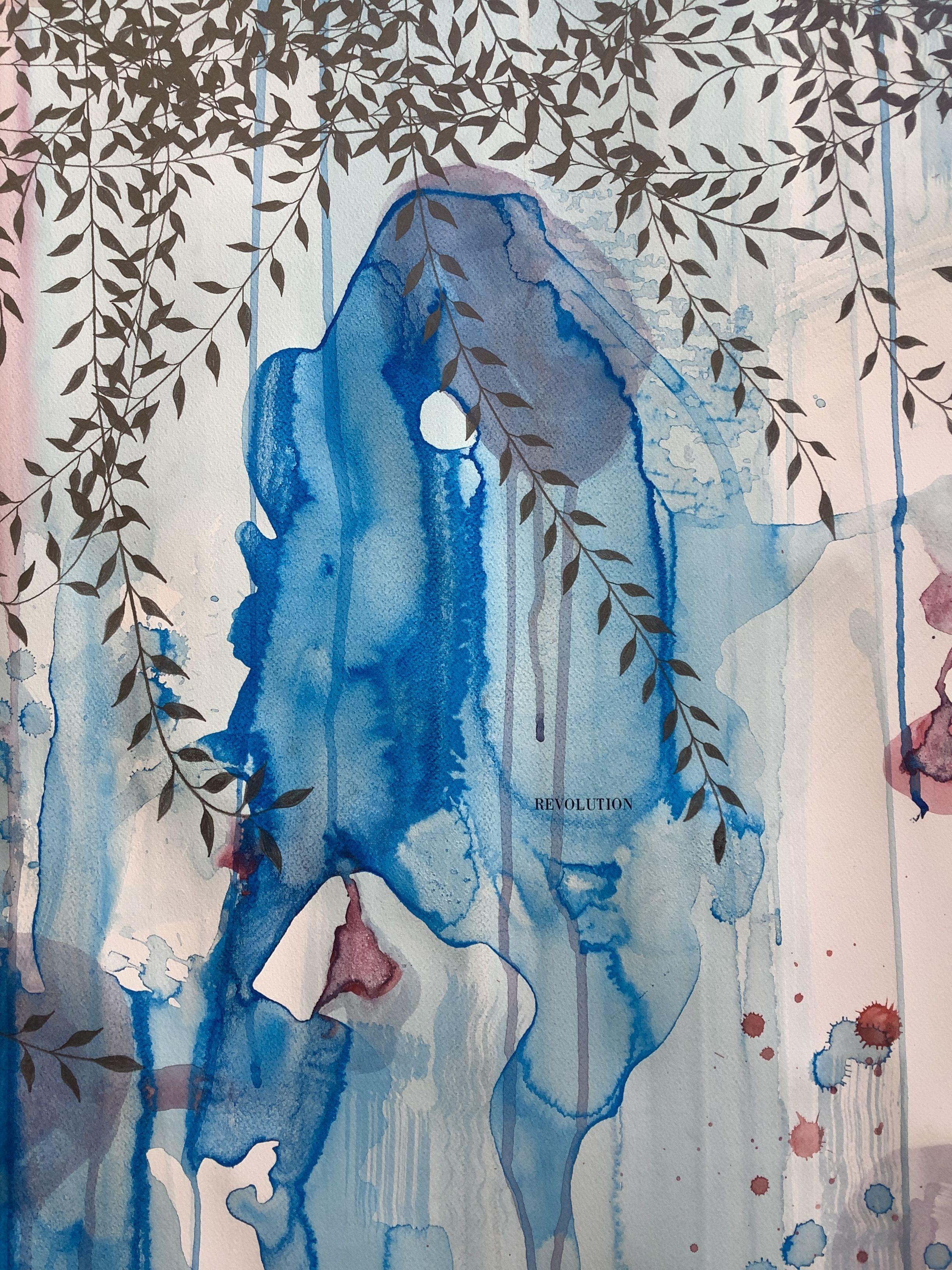 Instinctual and gestural semi abstract work. I imagined our inner world as a jungle of intricate leaves that invade a space full of irregular shapes and bright colours; the focus of the painting is the world REVOLUTION, that is in the exact center