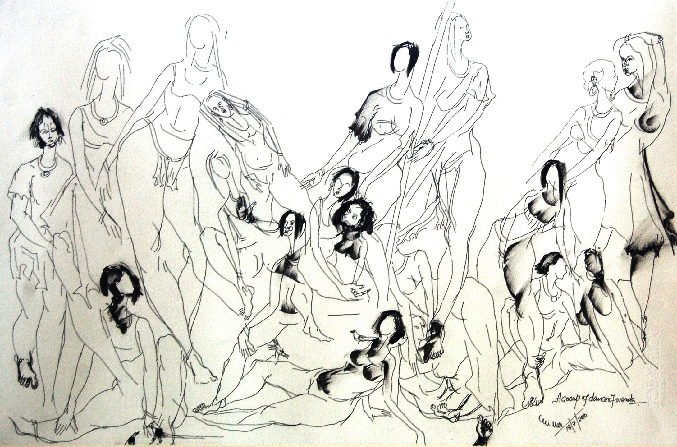 J.K Chillar Abstract Drawing – Gruppe von Tänzern, Zeichnung, Feder und Tinte auf Papier