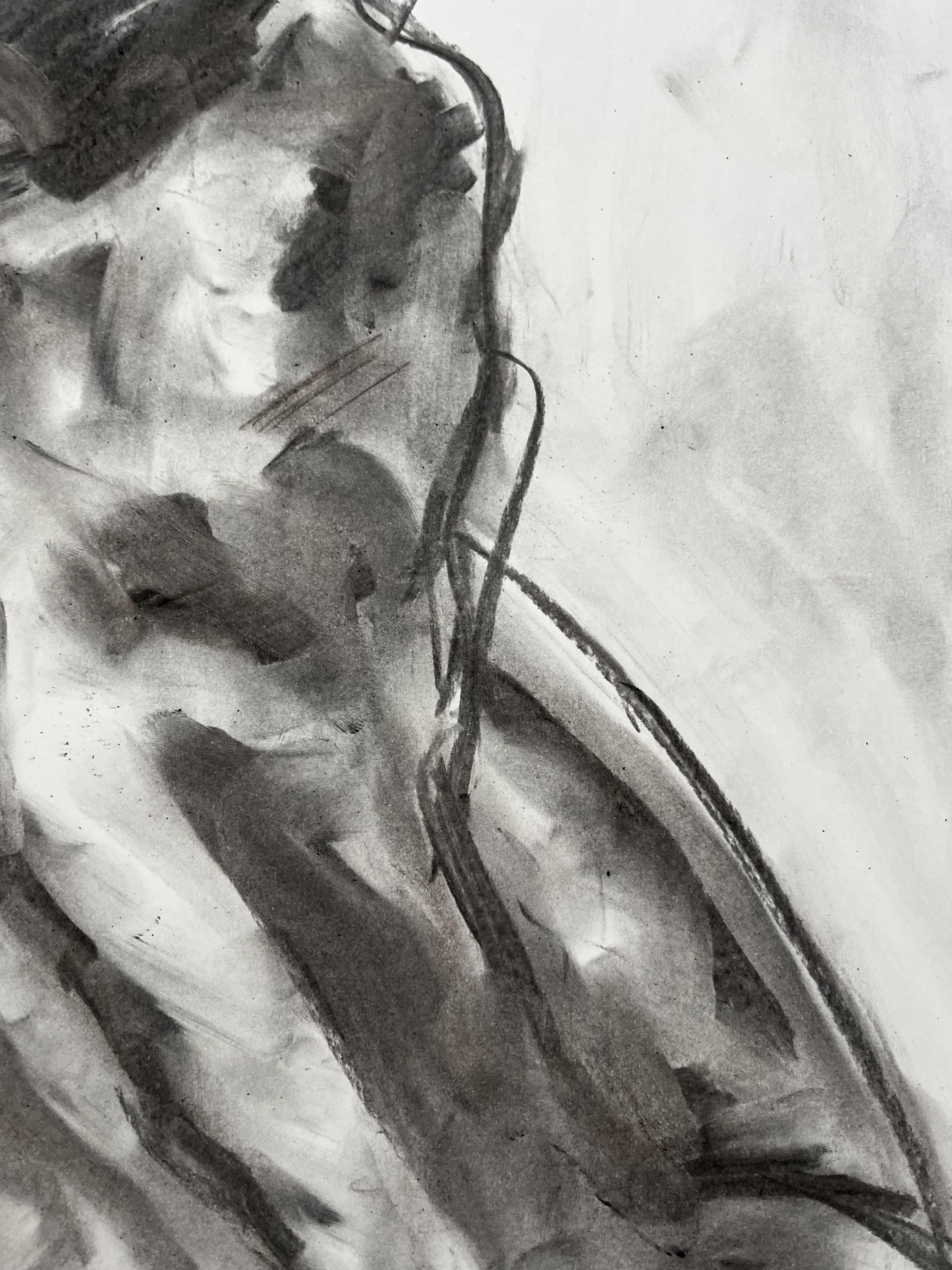 Original charcoal drawing on paper by James Shipton.    I achieve this through a process of capturing reality through life drawing using charcoal sketches, breaking it down to deliver an impression of the human form, whilst capturing the