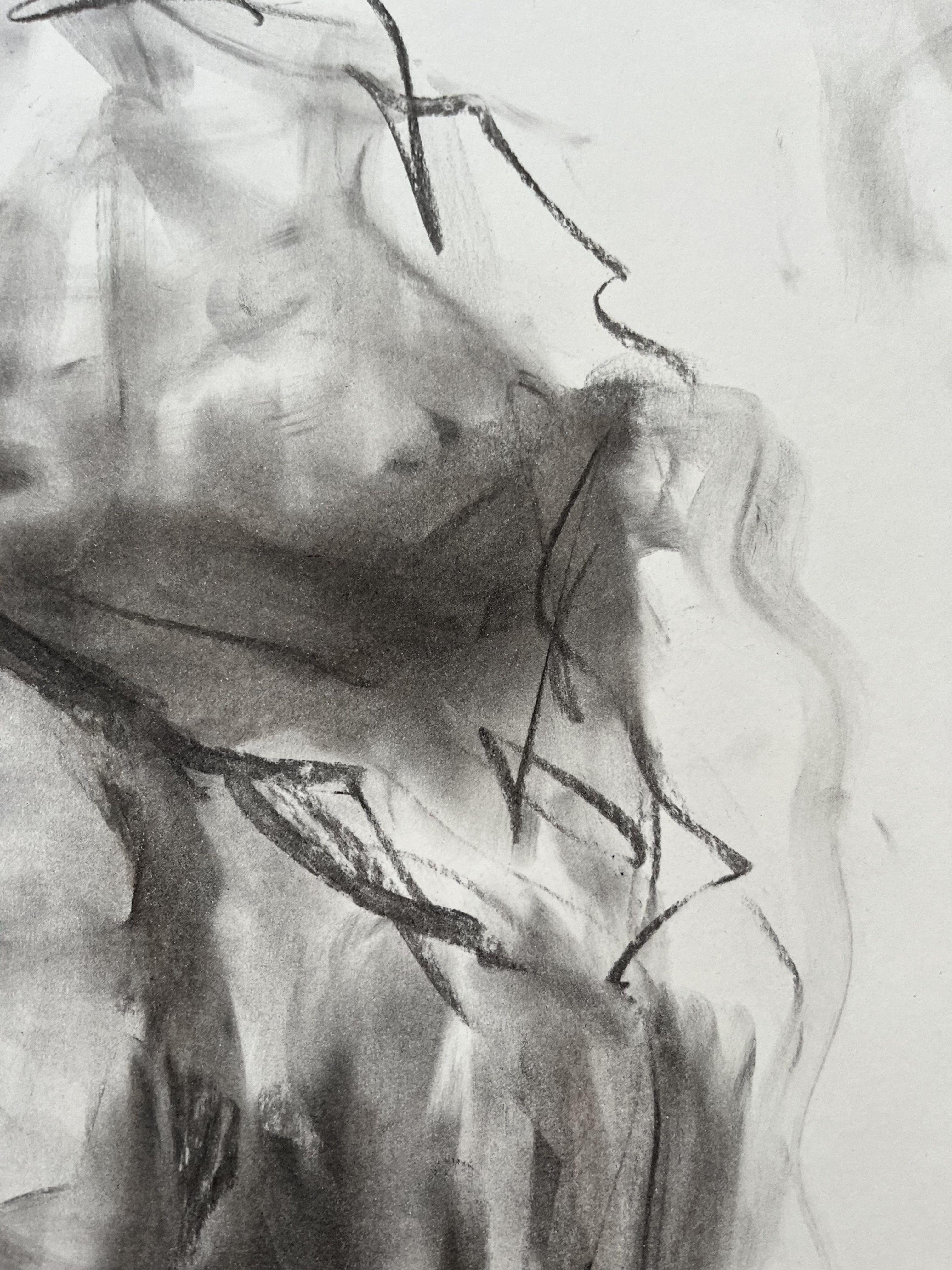 Original charcoal drawing on paper by James Shipton.    I achieve this through a process of capturing reality through life drawing using charcoal sketches, breaking it down to deliver an impression of the human form, whilst capturing the