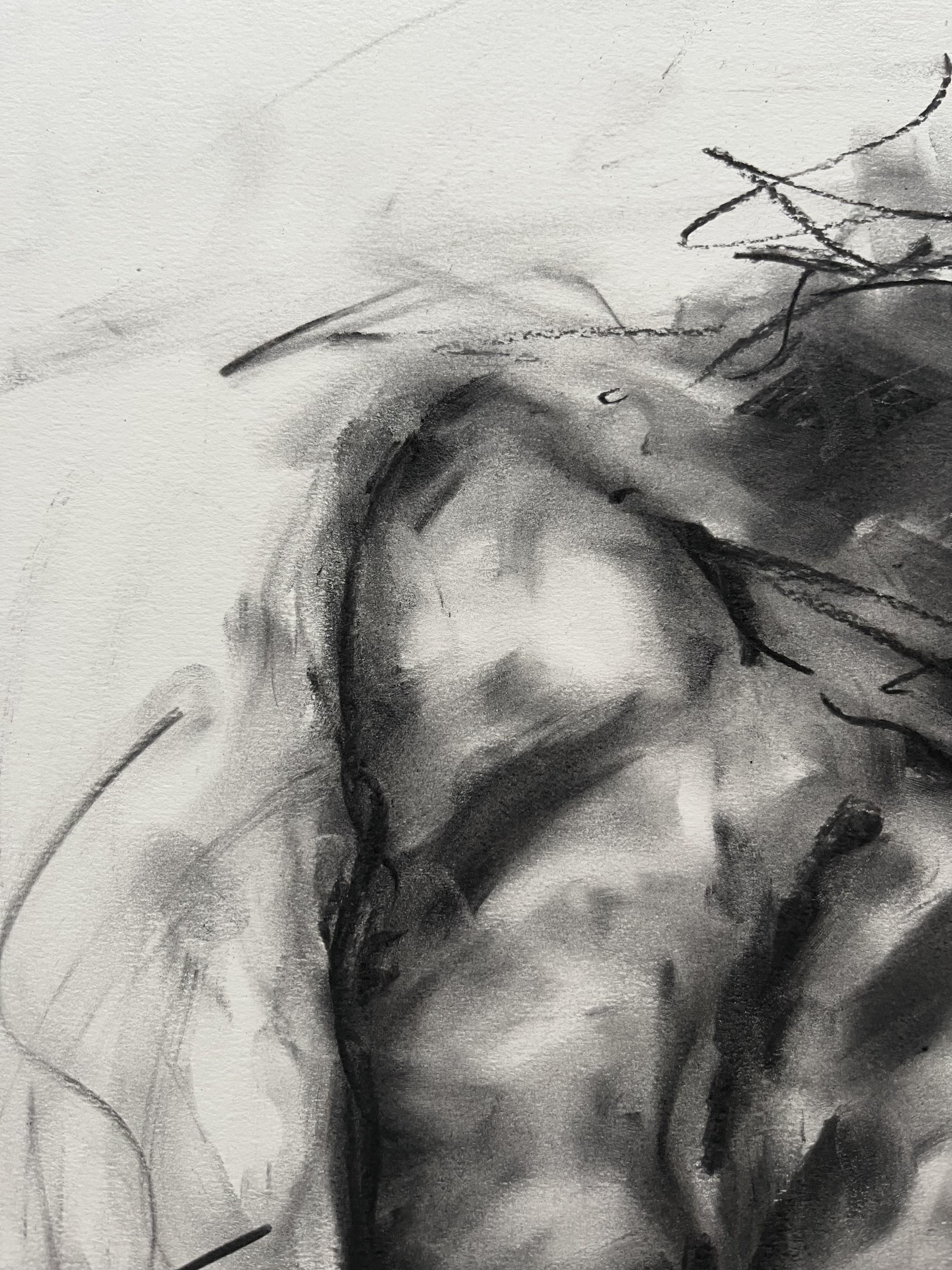 Original charcoal drawing on paper by James Shipton    My desire here is to capture my August in human form. I achieve this through a process of capturing reality through life drawing using charcoal sketches, breaking it down to deliver an