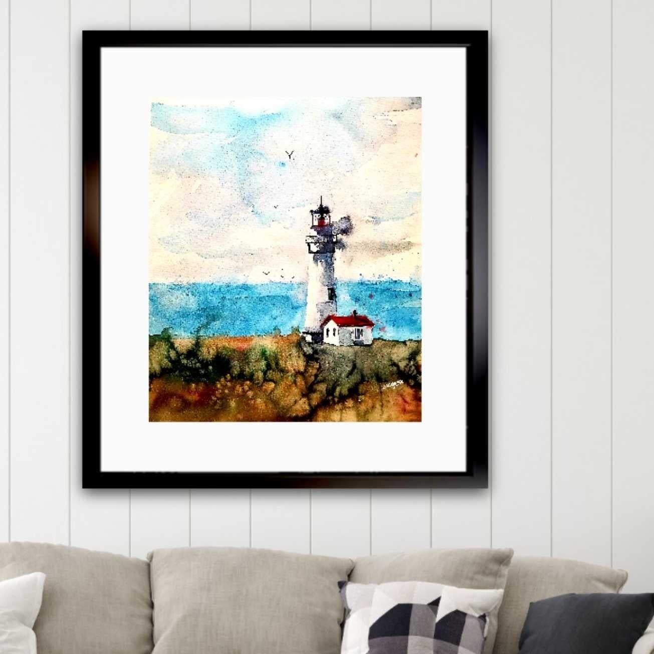 Maine Lighthouse, Painting, Watercolor on Watercolor Paper - Contemporary Art by Jim Lagasse