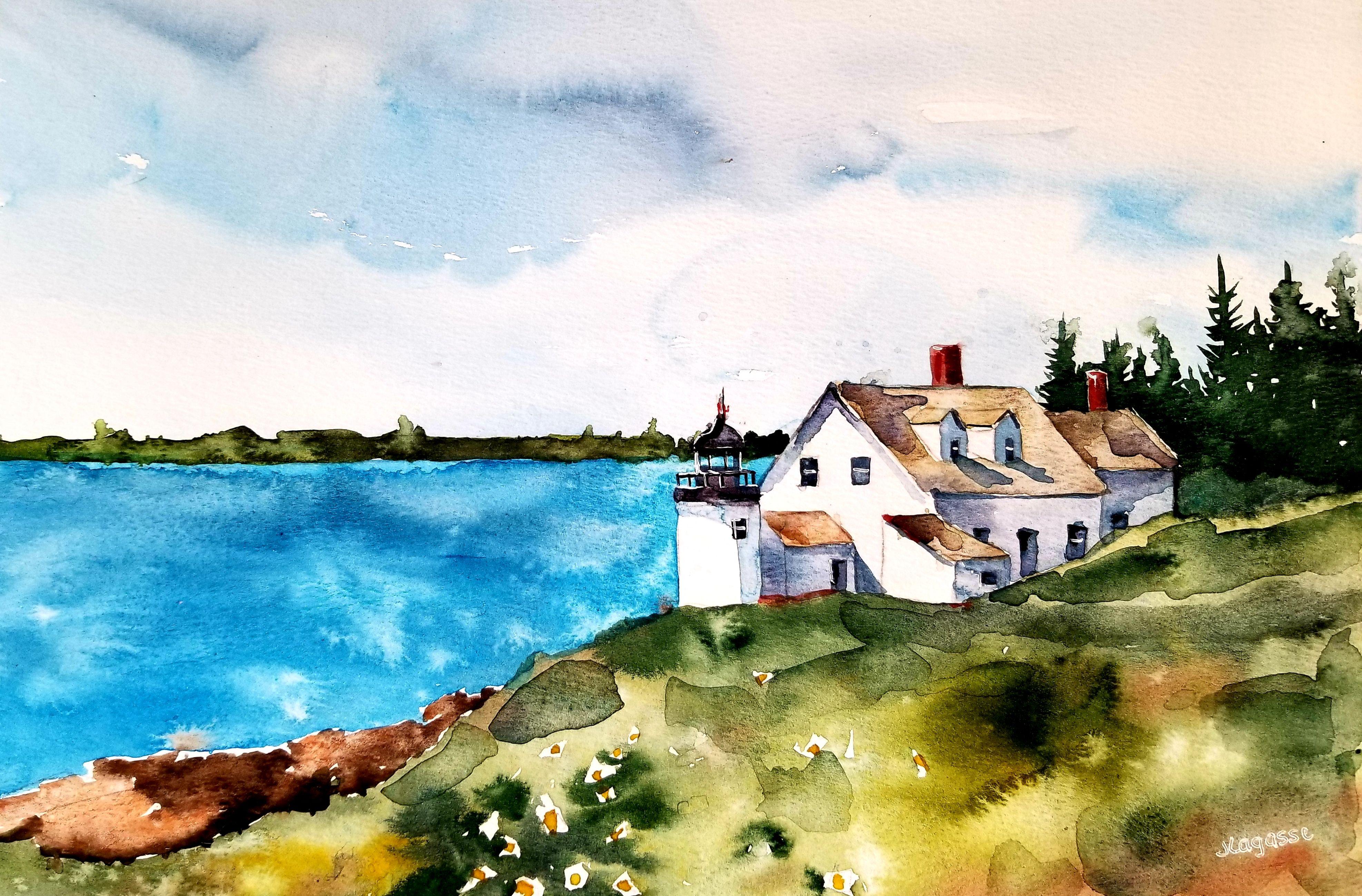 Maine Lighthouse, Painting, Watercolor on Watercolor Paper - Art by Jim Lagasse