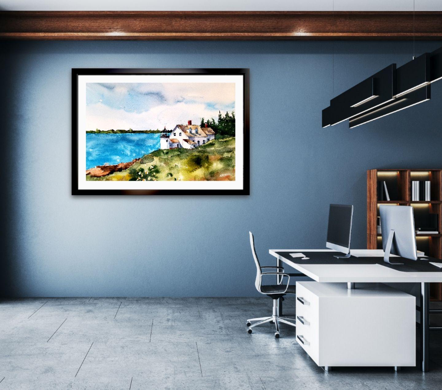 Maine Lighthouse, Painting, Watercolor on Watercolor Paper - Contemporary Art by Jim Lagasse