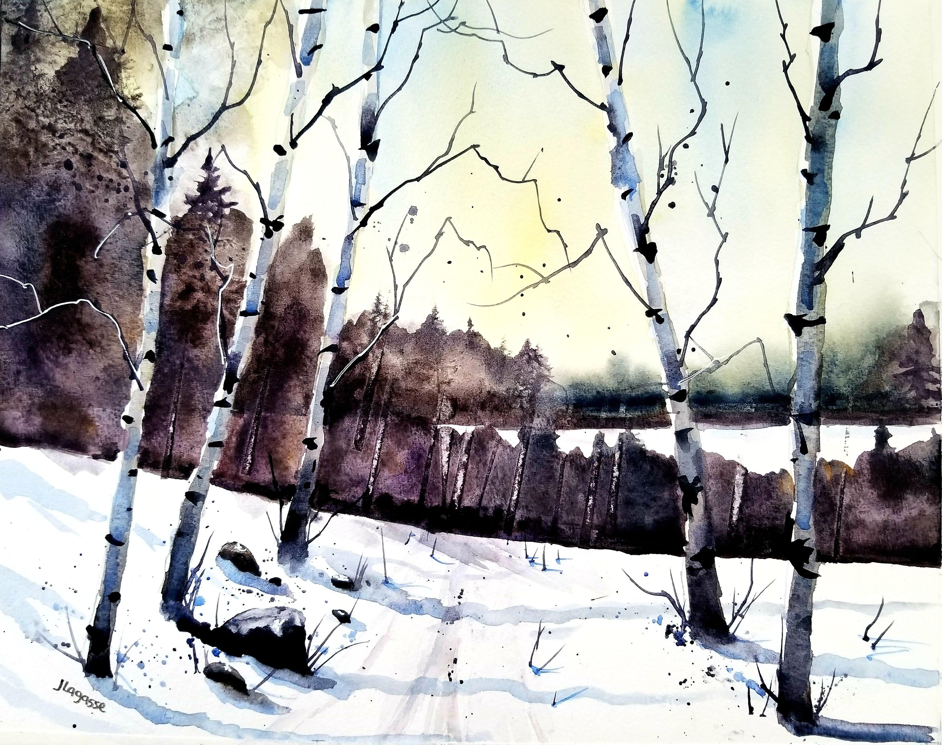 Winter Birches, Painting, Watercolor on Paper - Art by Jim Lagasse