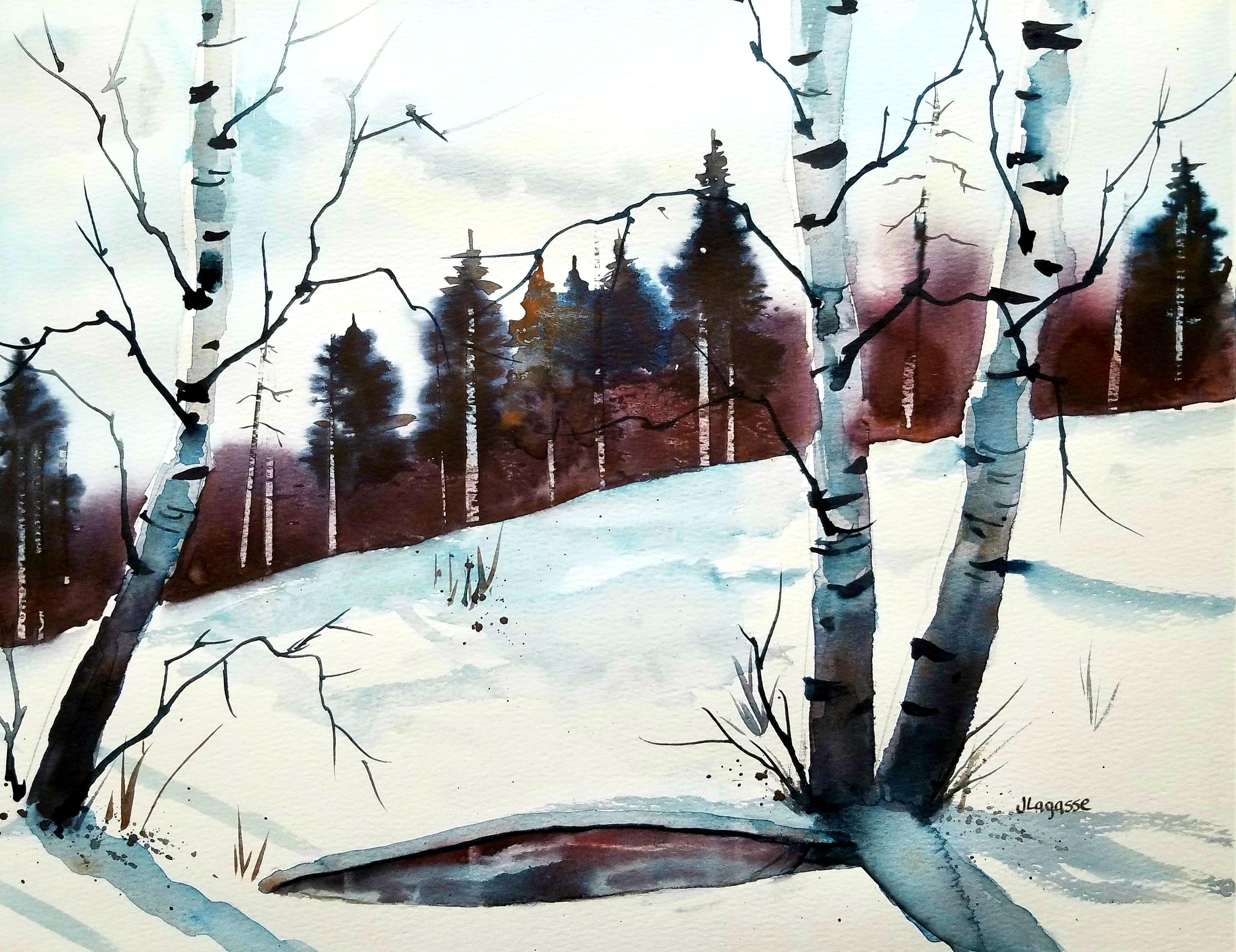 Winter Birken, Gemälde, Aquarell auf Aquarellpapier – Art von Jim Lagasse
