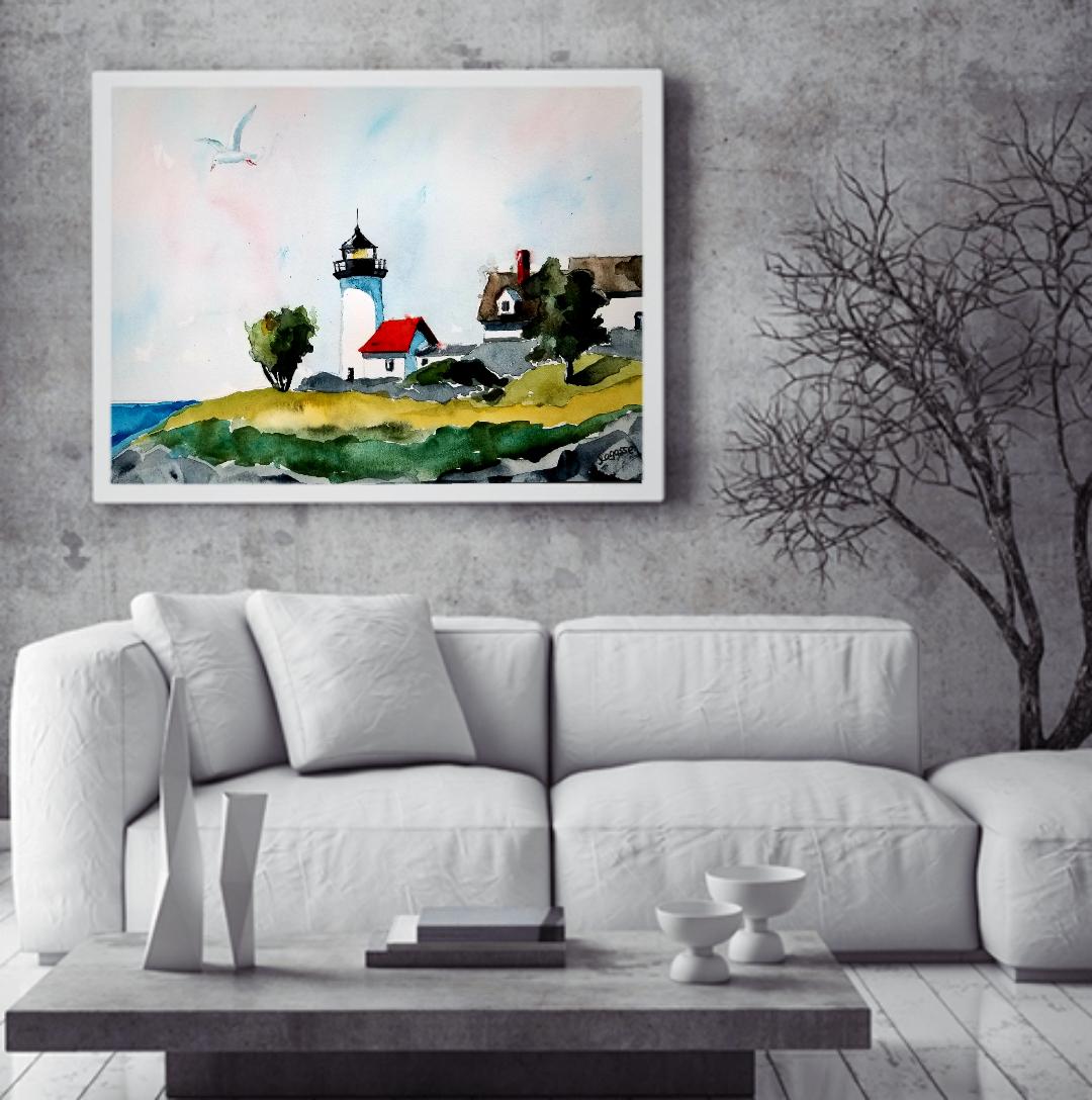 Maine Lighthouse, Painting, Watercolor on Watercolor Paper - Contemporary Art by Jim Lagasse