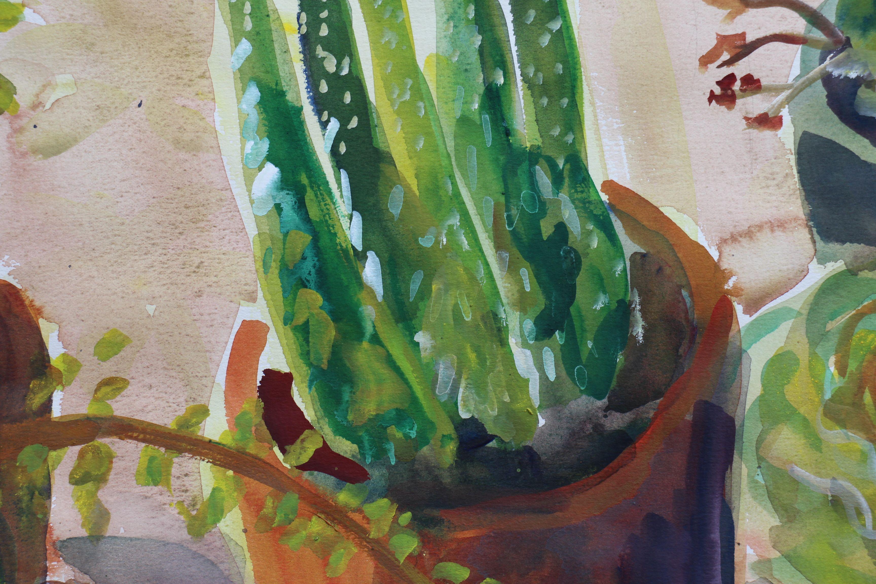 Grande acquerello Plein air delle piante di cactus nel giardino di casa. :: Pittura :: Impressionista :: Questo pezzo viene fornito con un certificato ufficiale di autenticità firmato dall'artista :: Pronto da appendere: No :: Firmato: Yes ::