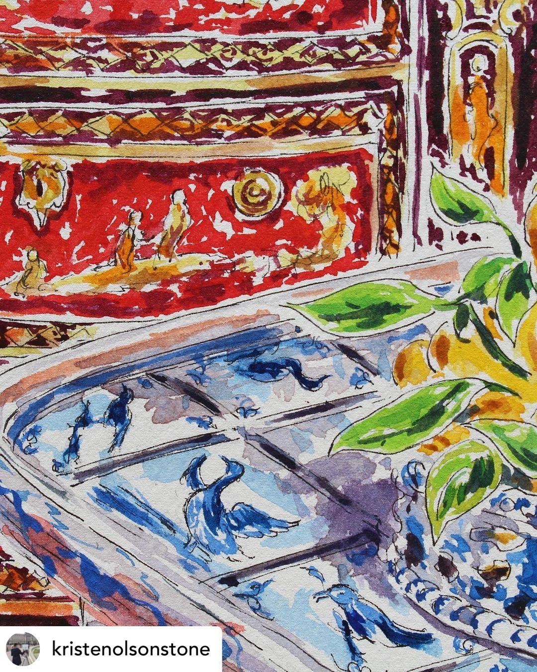 Une aquarelle originale représentant une collection de porcelaine de Chinoiserie présentée dans une pièce exotique. Chinoiserie