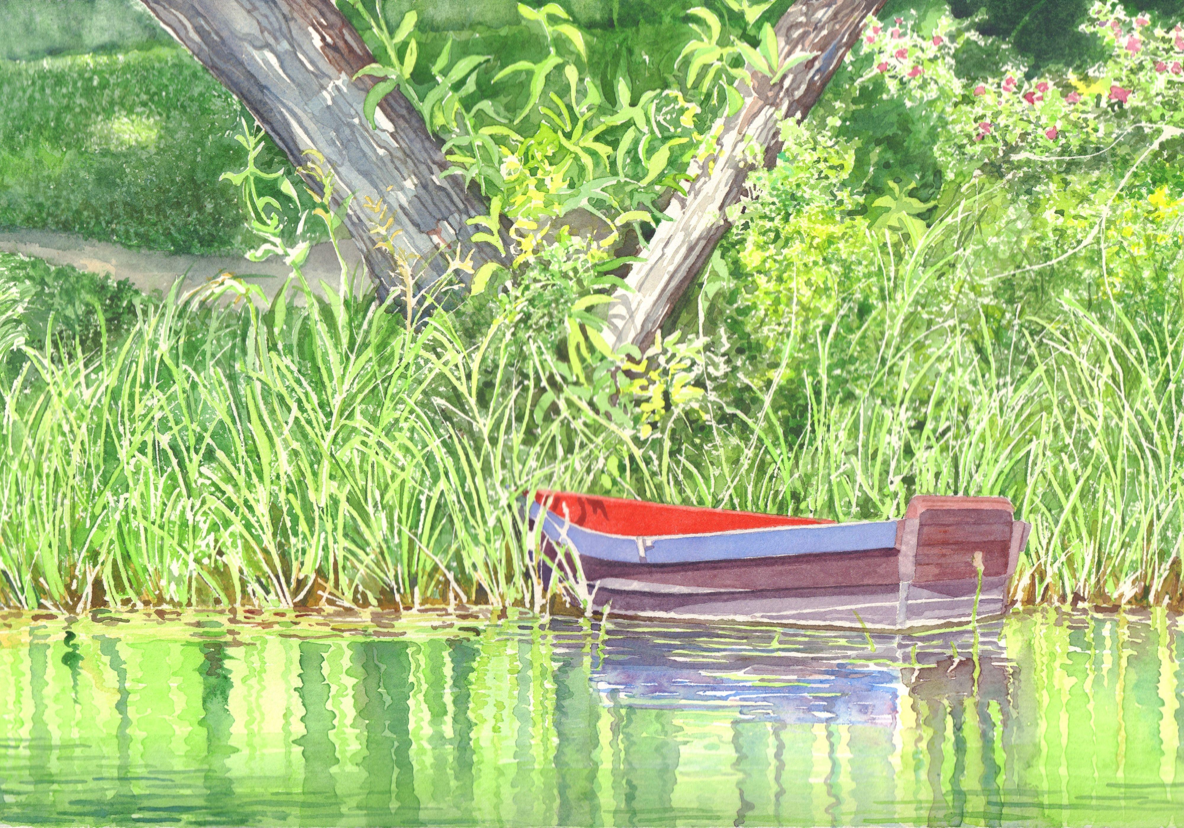 Rowboat on a Quiet Lake in Latvia, Painting, Watercolor on Watercolor Paper - Art by Leslie White