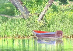 Rowboat on a Quiet Lake in Latvia, Painting, Watercolor on Watercolor Paper