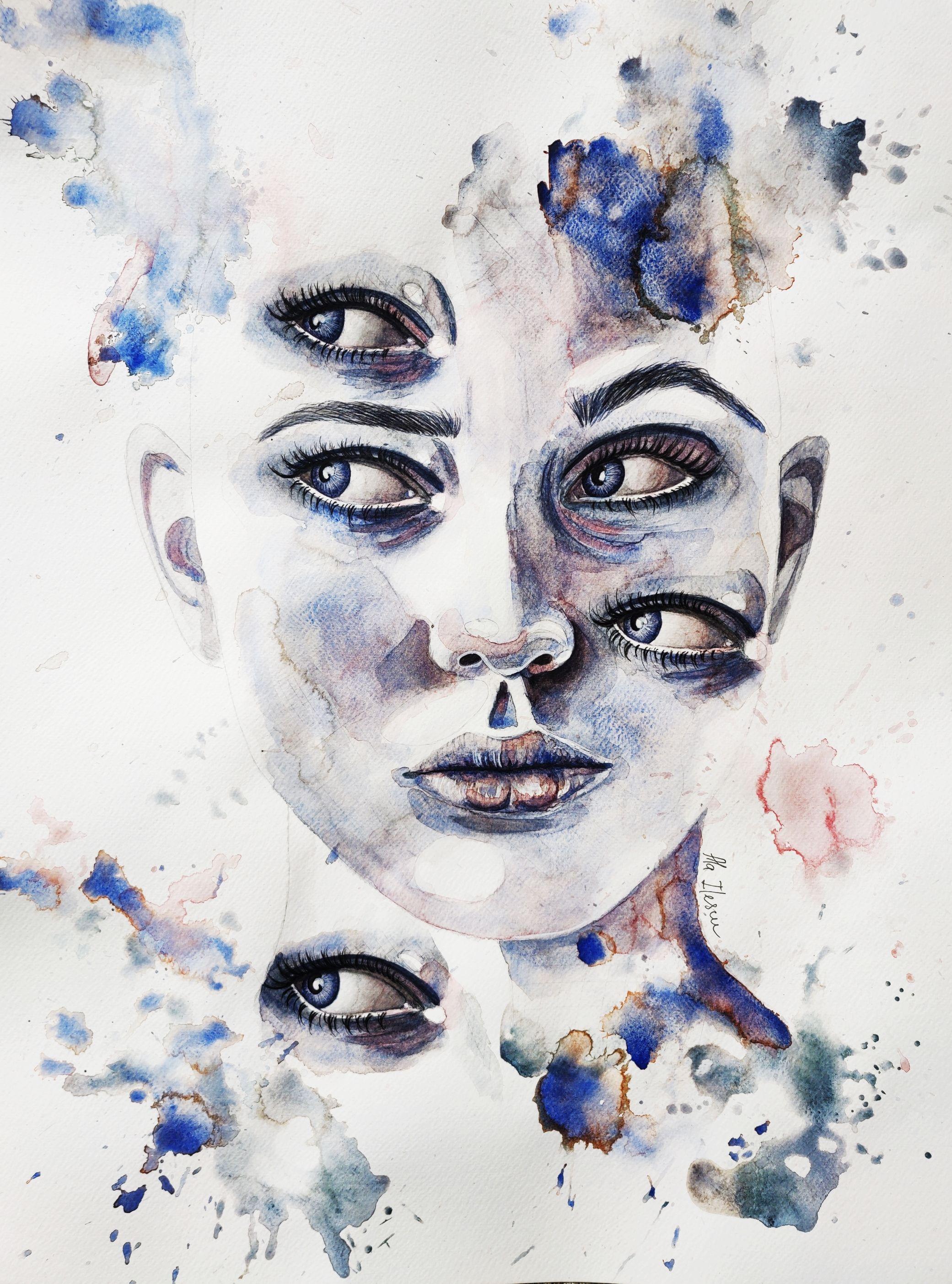 Hyper Wachsamkeit, Gemälde, Aquarell auf Aquarellpapier – Art von Ala Ilescu