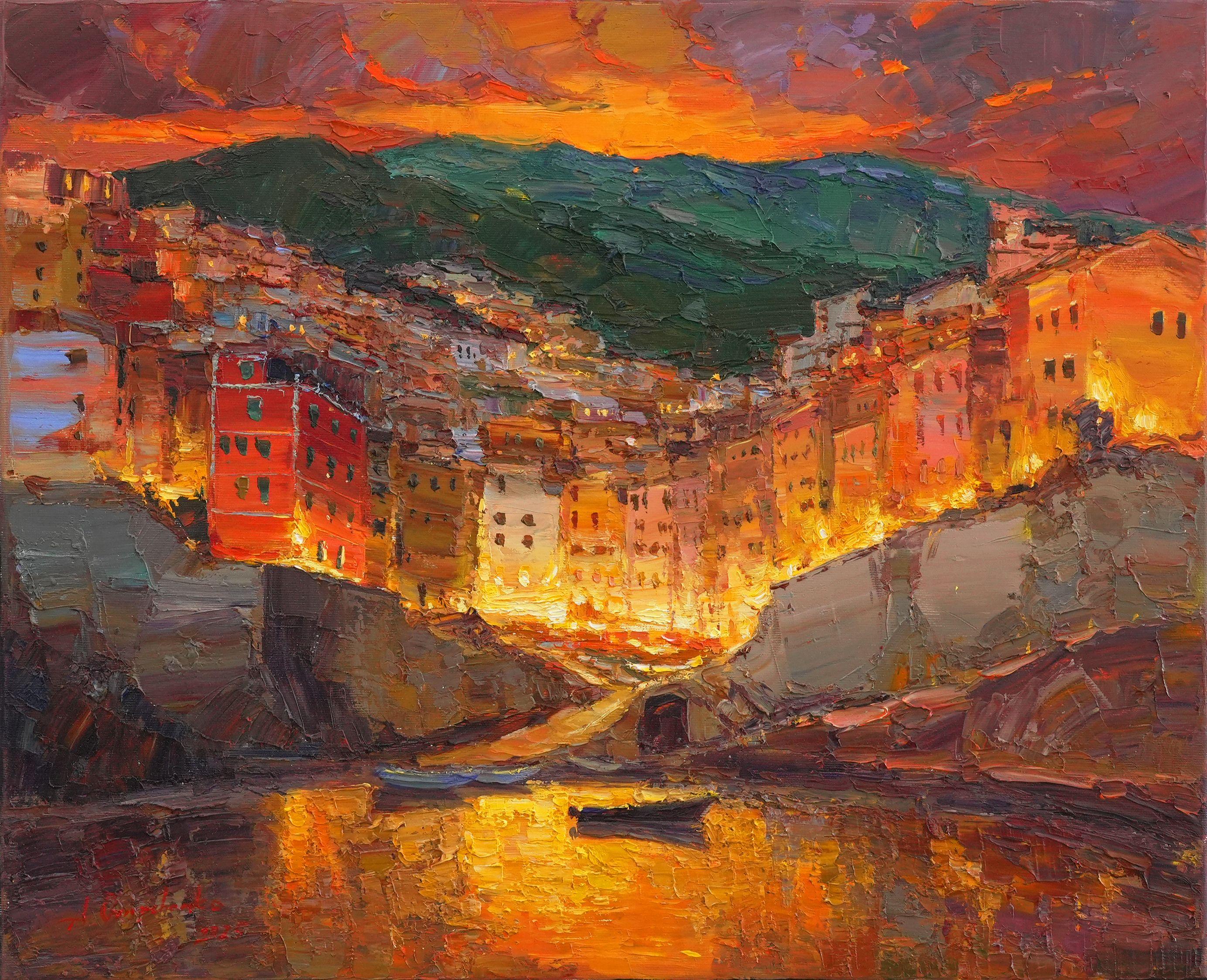 Evening Riomaggiore Italy, Painting, Oil on Canvas - Art by Alisa Onipchenko-Cherniakovska